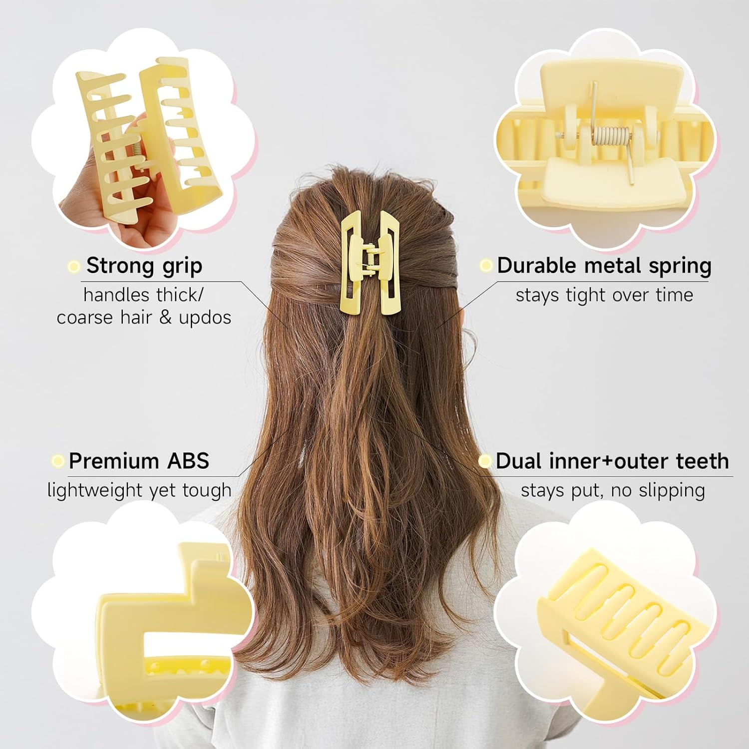 6 Pcs Matte Square Claw Clips Set for Women, Cute Pastel Yellow Pink & White Hair Clips &ndash; Non‑Slip Small and Medium Rectangular Hair Claw Clips, French Style Hair Accessories for Women image number 3