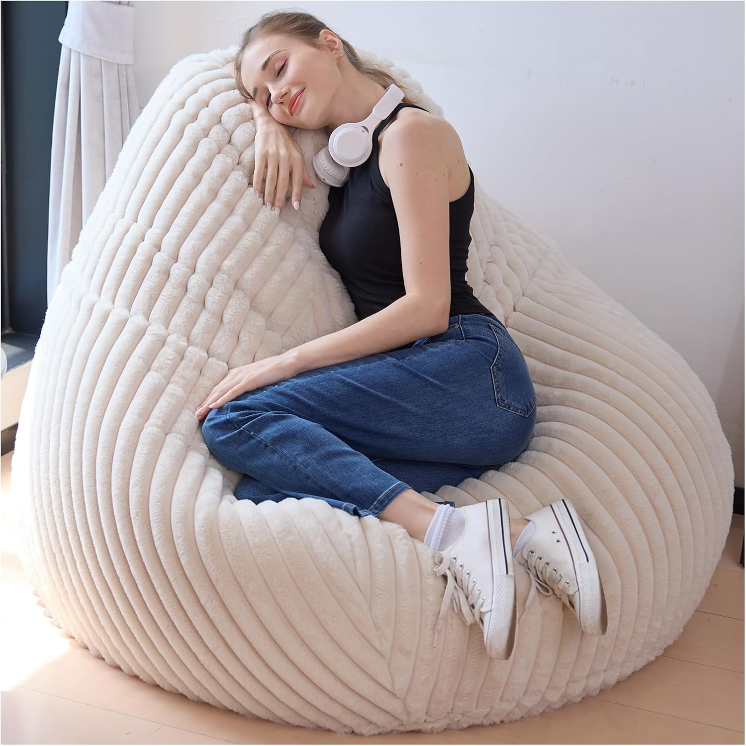 Mincomfywo Large Bean Bag Chair Cover (No Filler)- Stuffable Soft Beanbag Cover, Adults Lounge Gaming Lazy Sofa Bed for Living Room Bedroom (XL, Beige) image number 3