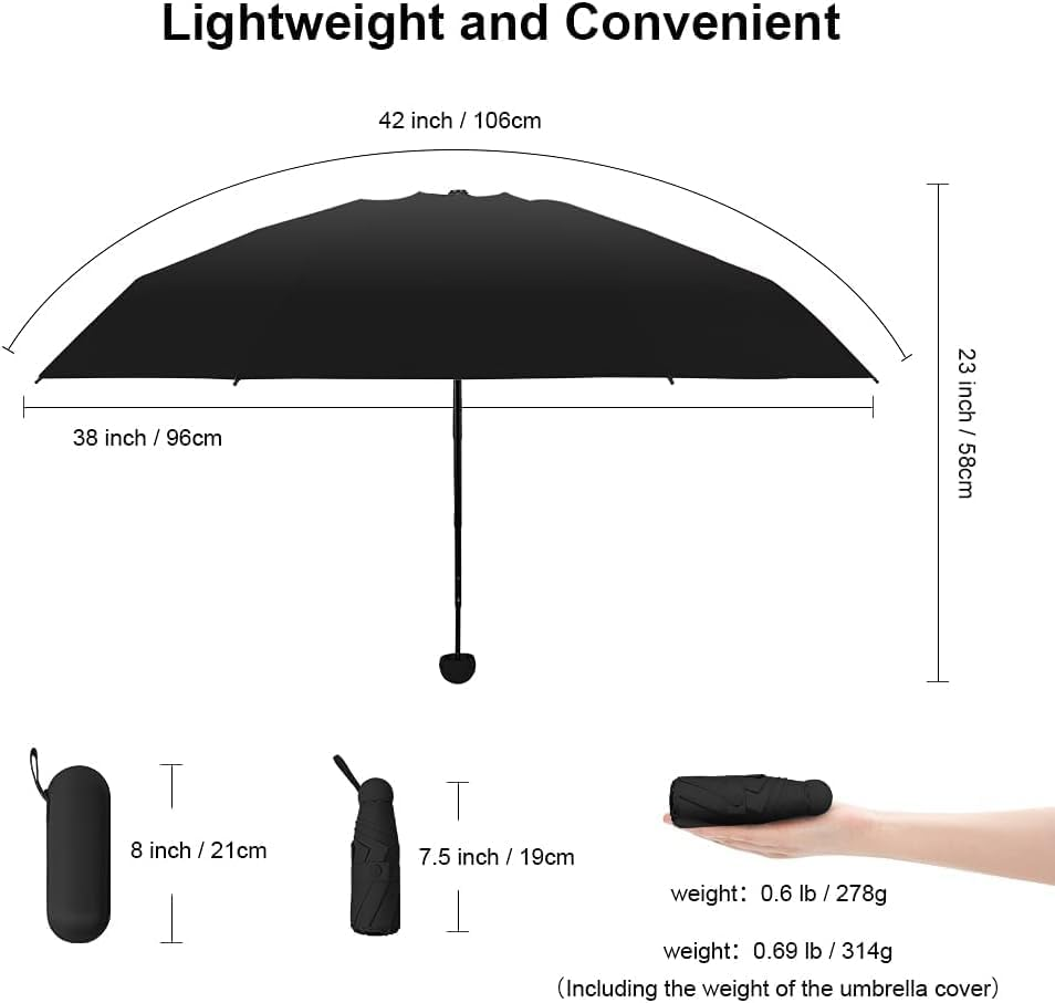 Mini Travel Folding Umbrella, Windproof UV Protection Umbrella with Case, Capsule Umbrella for Rain and Sun, Double Canopy Small Rainproof Umbrella, Lightweight Portable Umbrella for Women Men