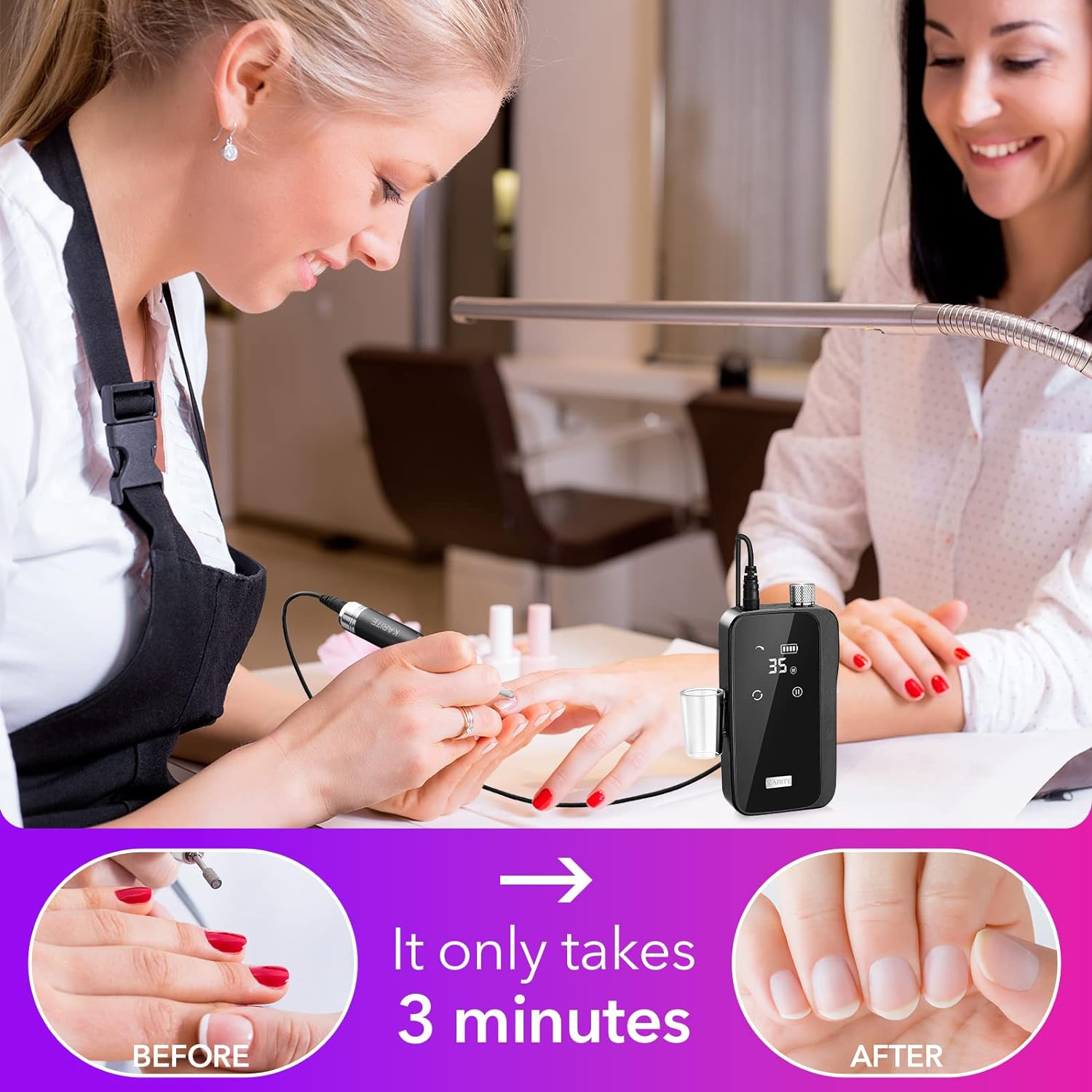 Karite Nail Drill for Acrylic Nails Professional, 35000RPM Portable File, Electric Machine 24H Working Time, Coreless Motor and 12 Bits, Art Manicure Pedicure, Low Noise, Bright Black image number 5