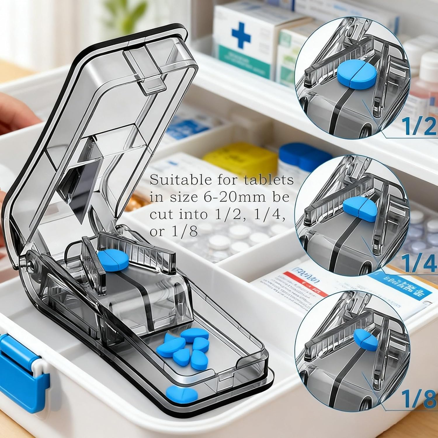 Pill Cutter with V-Clip & Brush - Tablet Splitter for Small and Large Pills, Precise Quarter or Half Cuts for Elderly, Pets - Food Grade Safe & Portable Medicine Cutter (Black) image number 5