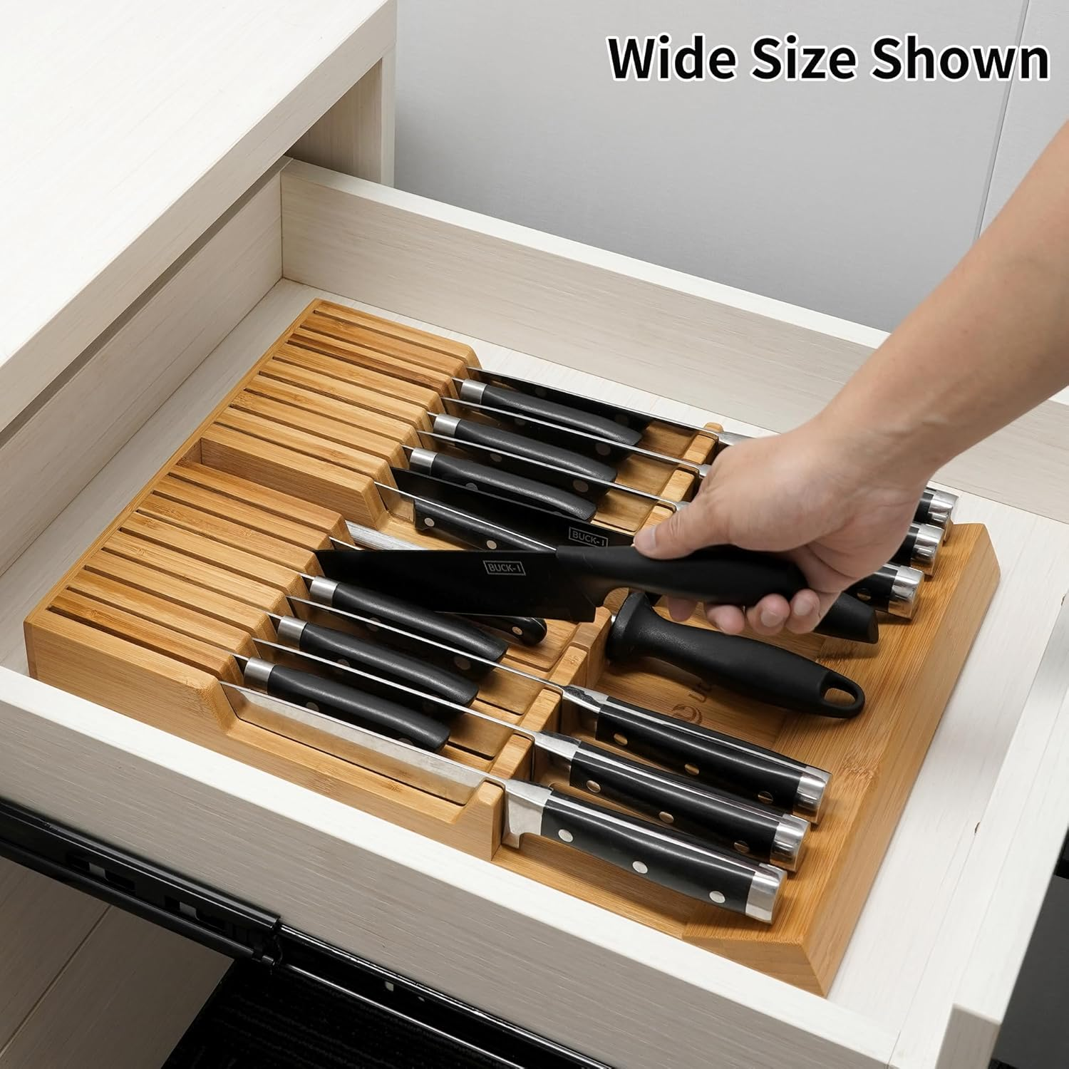 Utoplike In-Drawer Knife Block Bamboo Kitchen Knife Drawer Organizer,Large Handle Steak Knife Holder without Knives, Fit for 16 Knives and 1 Sharpening Steel (16 Knife Organizer) image number 6