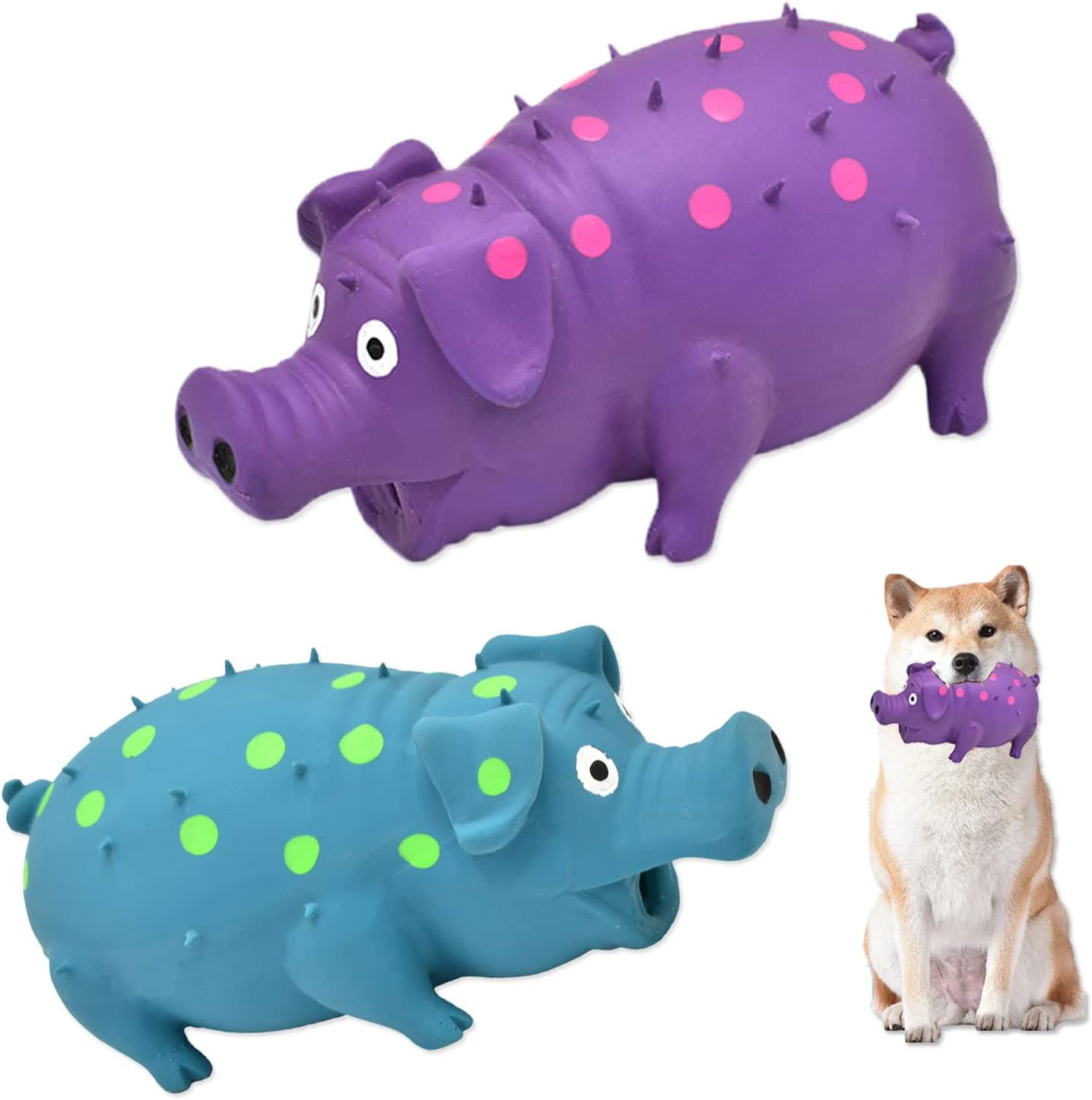 Pig Squeaky Dog Toy, 2 PCS Interactive Rubber Chew Toy - Durable Latex Spot Grunting Toys That Oink for Small Medium Large Dogs (Orange, Blue)