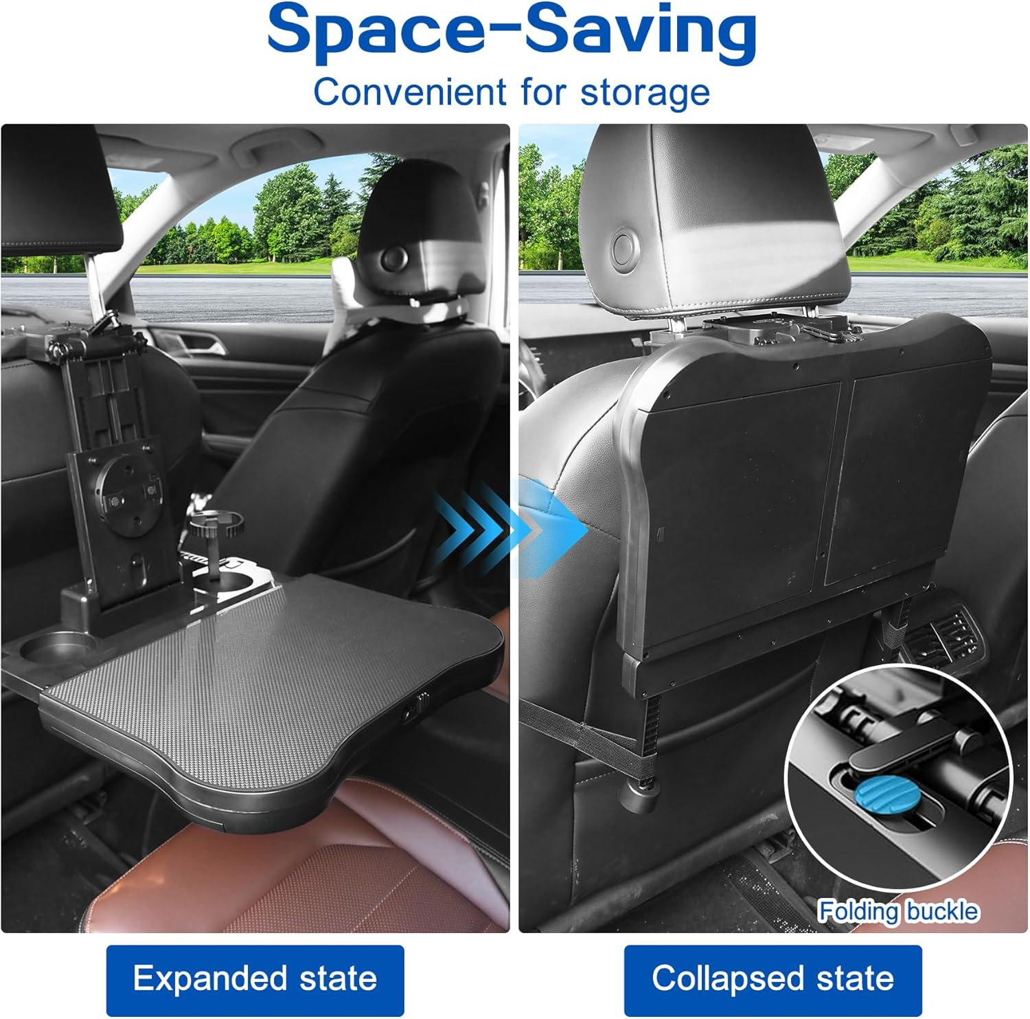 Car Backseat Table with Expandable Tray, Foldable Car Headrest Table for Kids Passenger Seat Back Travel Organizer Holder, Eating Working Laptop Desk with Phone & Cup Holder for Cars SUV Truck image number 2