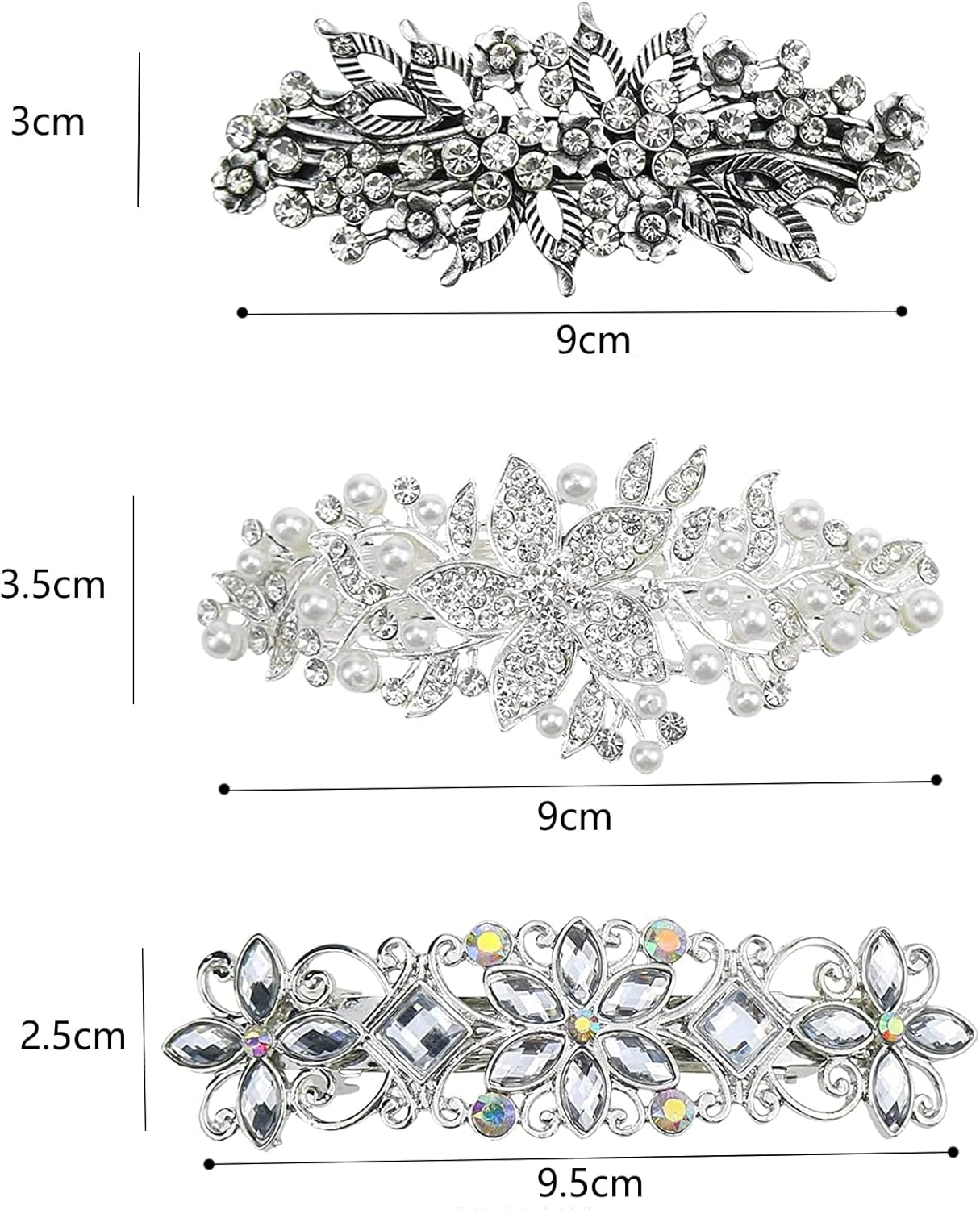 Rhinestone Pearl Hair Clips,3Pcs Antique Crystal Barrette Silver Flower Leafy Pins Elegant Jewelry Hair Decorations Accessories Head Pieces for Women Bridal Wedding Party Gift image number 3