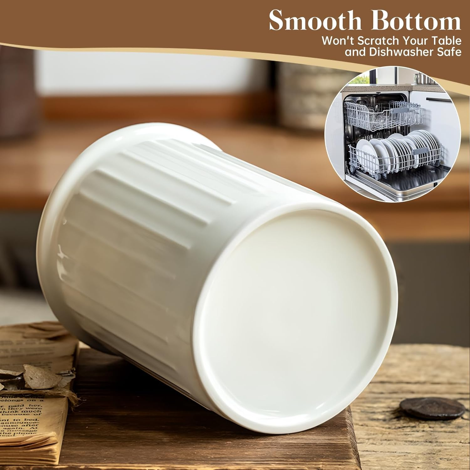 Ceramic Cutlery Holder for Kitchen, Utensil Holder Ceramic, Relief Utensil Pot, Worktop Storage, Cutlery Holder, for Kitchen Counter Storage, Glossy Glaze, White, 5.3 X 4.3 Inches image number 5