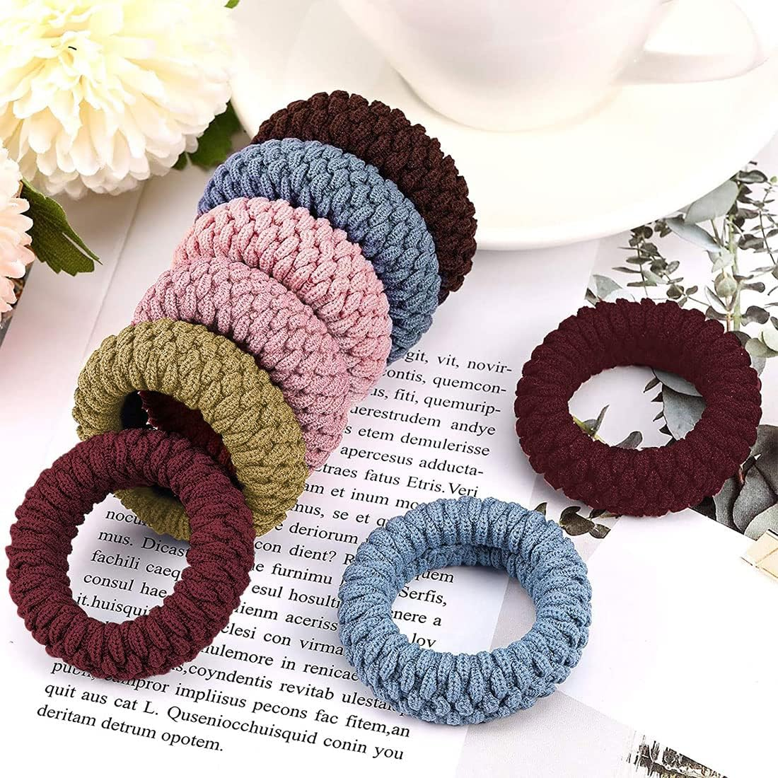 Pack of 10 Thick Cotton Hair Scrunchies, FUKPO Seamless Hair Bands, Elastic for Women, Girls, Stretchy Ponytail Holder, Braid Bobbles, No Kinks, Non-Slip Hair Elastic Bands (Mixed Colour) - Pink, Champagne, Red, Blue, Brown image number 3