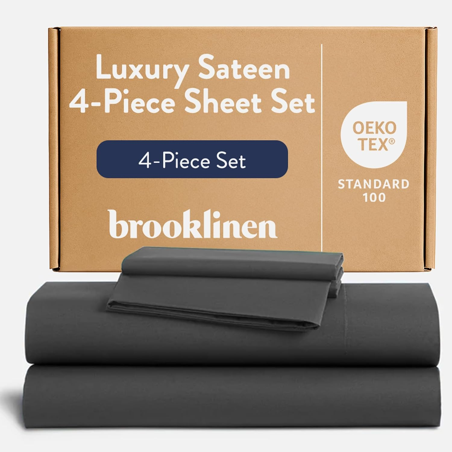 Brooklinen Luxury Sateen 4 Piece Sheet Set - 100% Cotton Bed Sheets, Soft & Durable California King Size Sheets Set in White, Oeko-Tex Certified Bedding Set,1 Fitted Sheet,1 Flat Sheet,2 Pillowcases