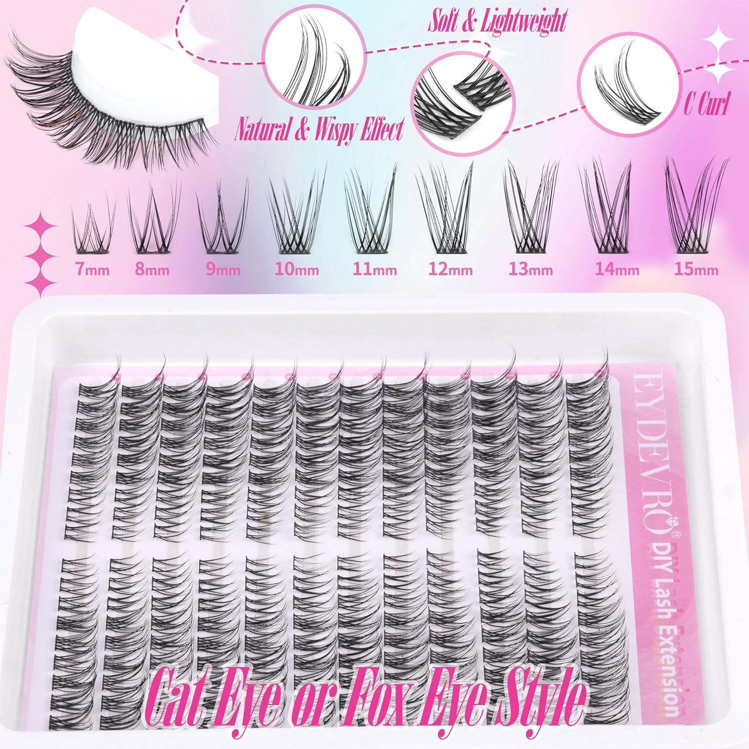 EYDEVRO Natural Lash Clusters Wispy Eyelash Clusters C Curl Fox Eye Cluster Lash Extensions 216Pcs Cluster Eyelashes DIY Individual Cluster Lashes image number 2
