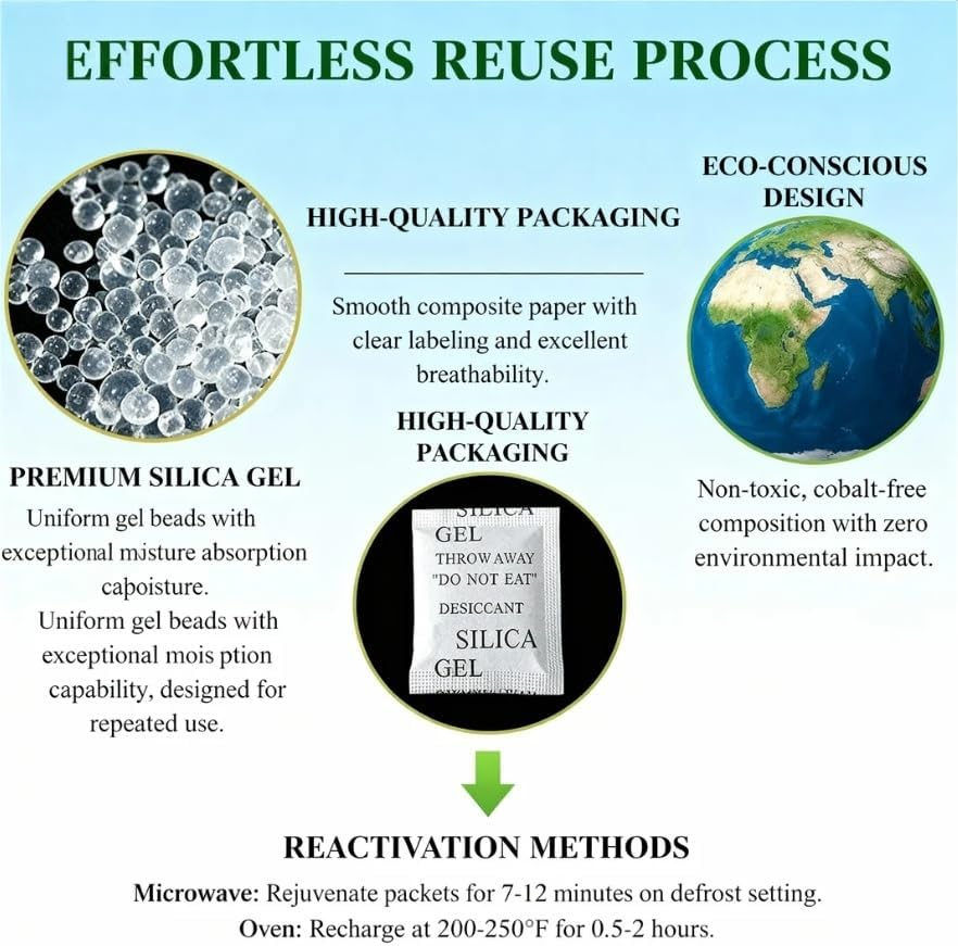 5G 50PCS Silica Gel Packets Silica Gel Desiccants for Storage,Reusable Moisture Absorbers Desiccant Packs, Rechargeable Desiccant Dehumidifiers Bags for Electronics, Clothes, Shoes, Jewelry, Spices, Tools image number 3