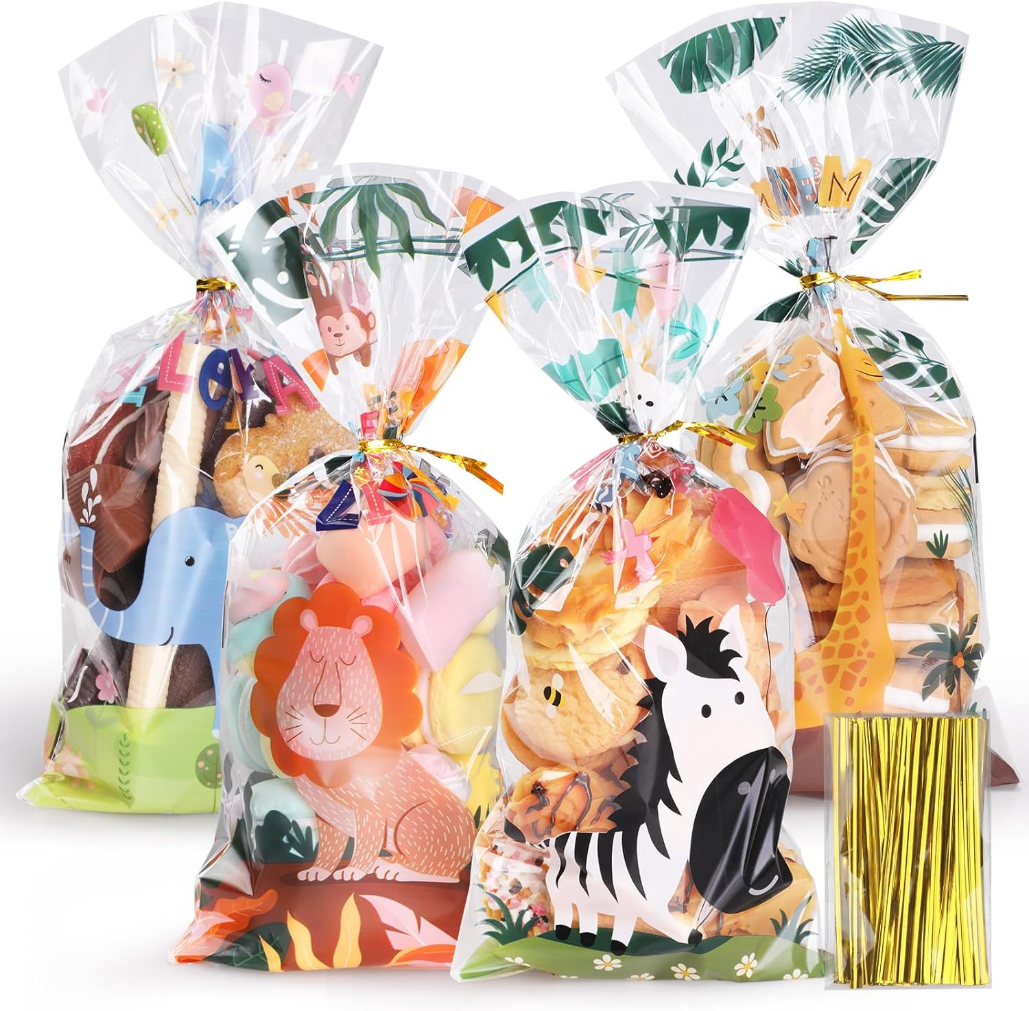 Bigqin 100Pcs Cellophane Treat Bags for Birthday 4 Patterns Plastic Candy Cookie Bags with Twist Ties Happy Birthday Party Favor Bags Goodie Bags(27 * 12.5Cm)