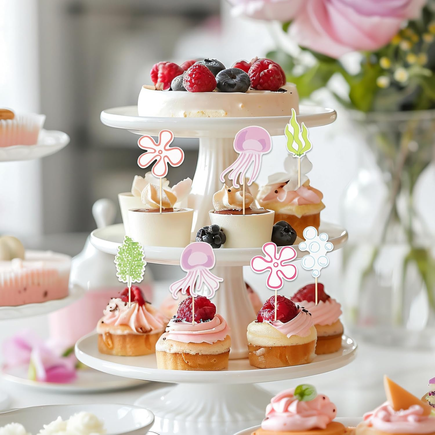 24Pcs Jellyfish Bubbles Flowers Cupcake Toppers, under the Sea Theme Cake Decorations Starfish Bubble Jellyfish Seaweed Perfect Cupcake Toppers for Birthday Party Wedding image number 5