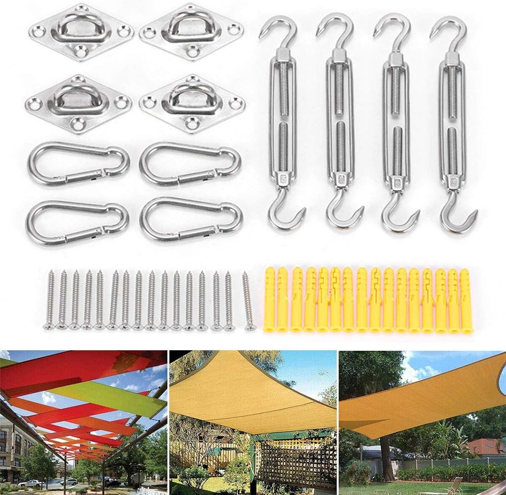 Tooloflife Sun Shade Sail Fixing Kit 8Mm for Square and Triangle，Rectangle，304 Stainless Steel Fixing Hardware Accessories Kits with Screws, Plastic Expansion Deck Garden Lawn Patio(44Ps)