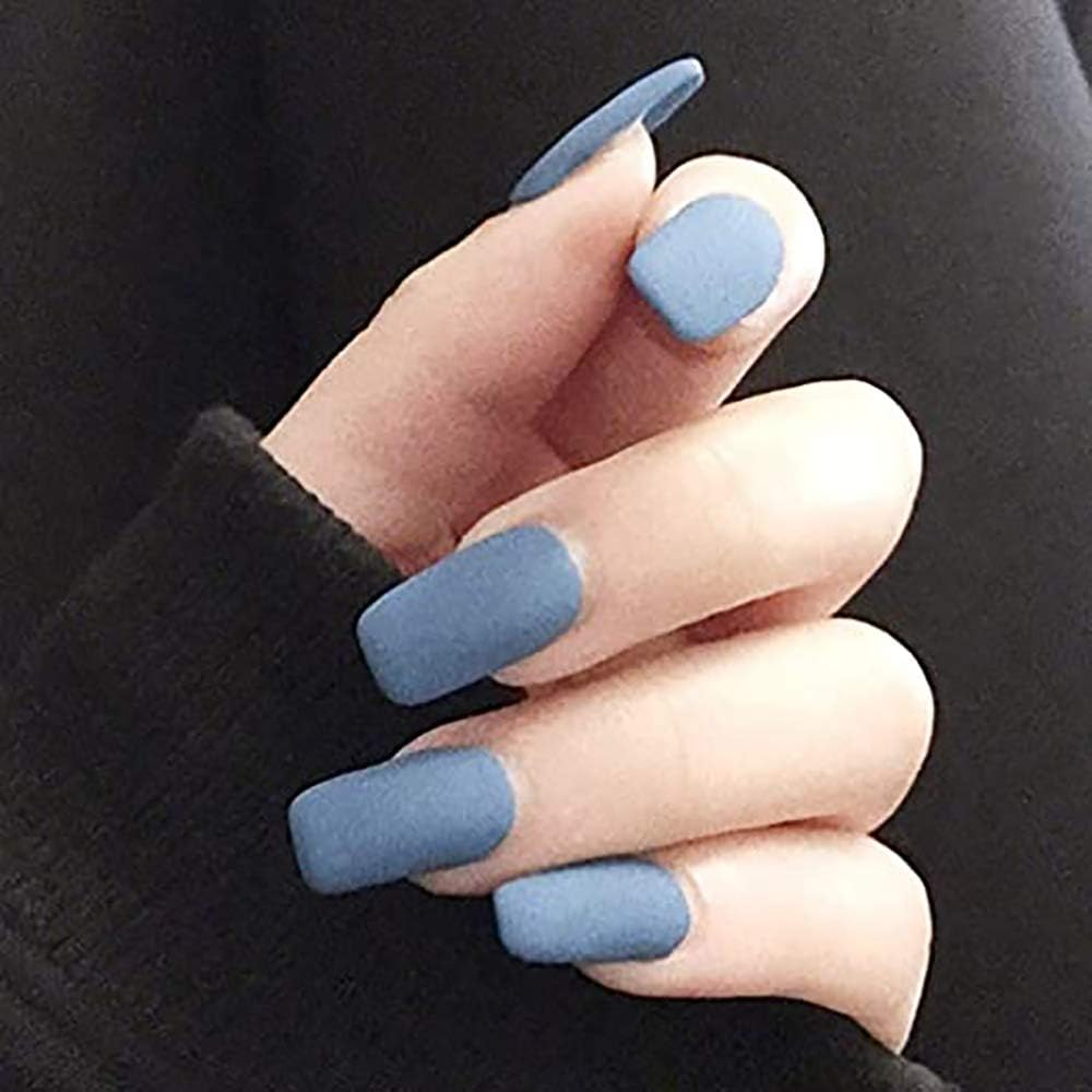 24 Pcs False Nails Blue Long Fake Nail Coffin Full Cover for Women and Girls Patch Beauty Salon