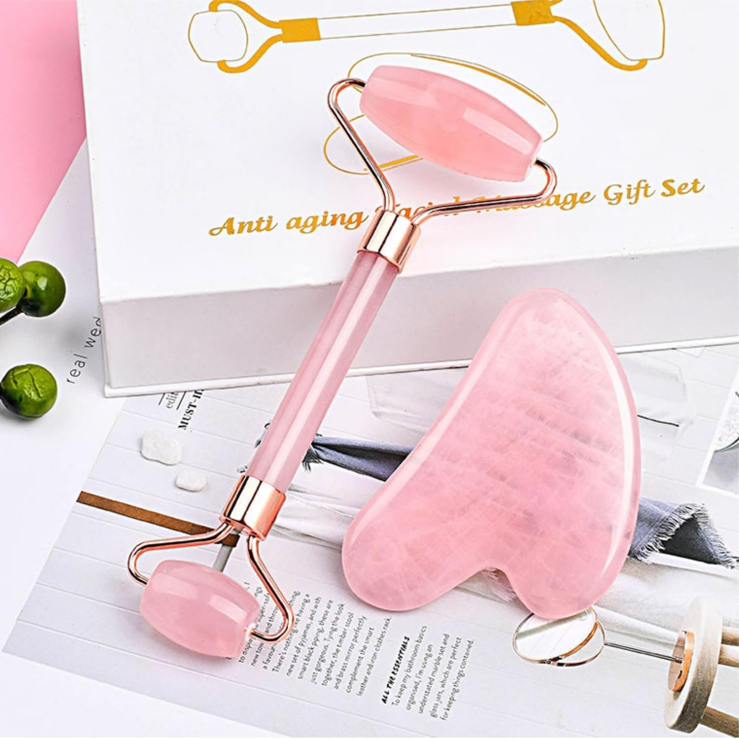 Jade Roller & Gua Sha Facial Tools, 2 Pack Guasha Tool, Massage Tool for Face and Body Treatment, Relieve Tensions and Reduce Puffiness, Skin Care Tools for Men Women (Pink) image number 2