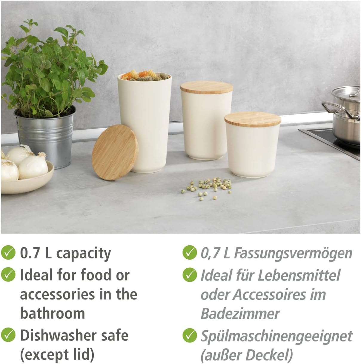 WENKO Plaia Storage Jar, 750 Ml, Cream Storage Jar with Bamboo Lid, Equipped with a Silicone Ring, Airtight Closure, Dishwasher Safe Tin, Bpa-Free, Diameter 10.5 X 14.5 Cm image number 1