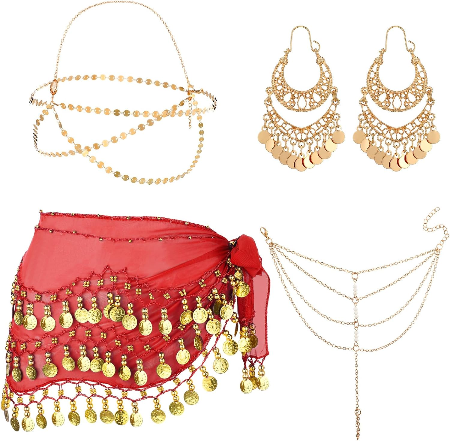 Sureio 4 Pcs Gypsy Costume Accessories Belly Dance Accessories Hip Scarf Wrap Belt Drop Earrings Hair Chain Tassel Bracelet