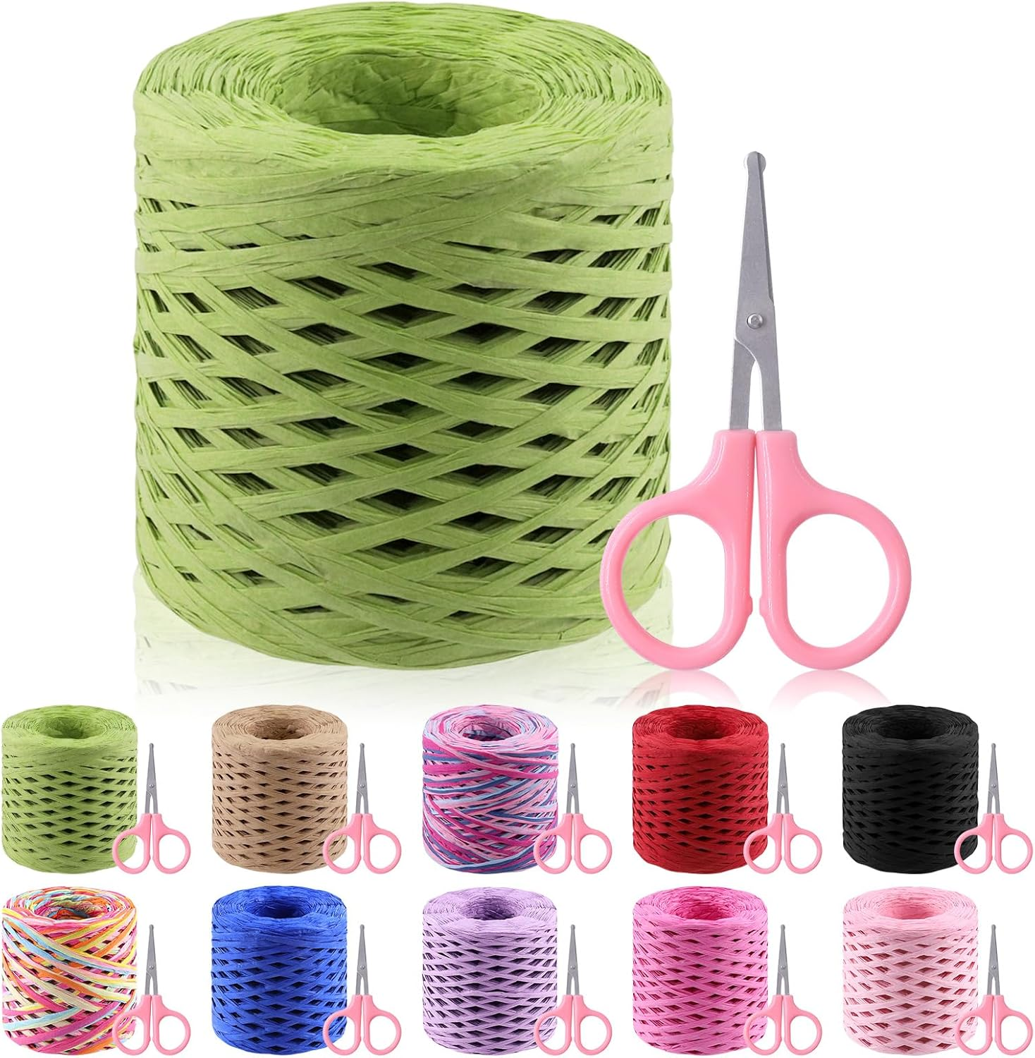 Glarks 200M Raffia Ribbon with Scissors Set, Red Paper Craft String, Natural Kraft Packing Twine for Gift Wrapping and Crafting Supplies