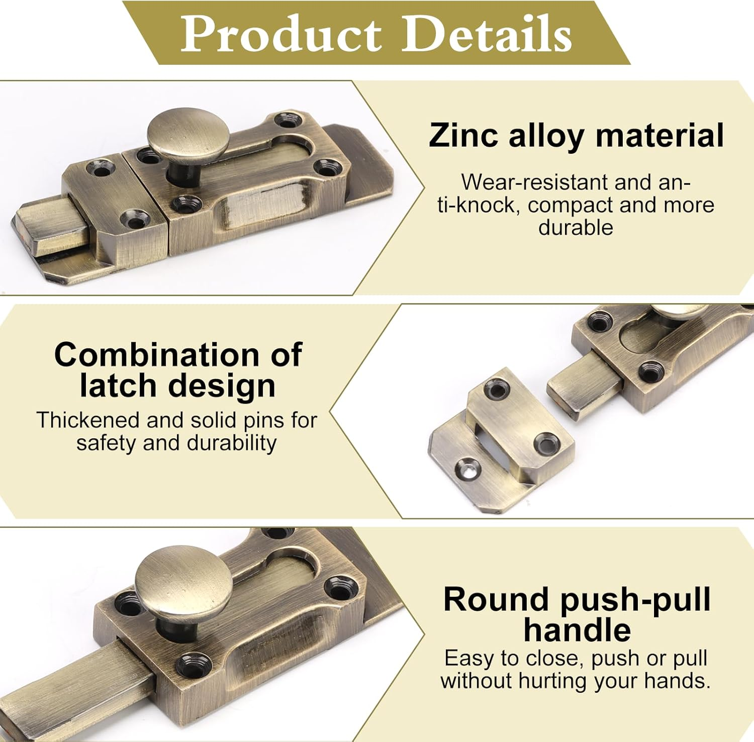 Barrel Slide Door Bolts 3 Inch Brass Door Bolt Heavy Duty Door Locks Internal Antique Zinc Alloy Security Latch Lock with Screws for Securing Internal External Doors, Bronze Tone image number 4