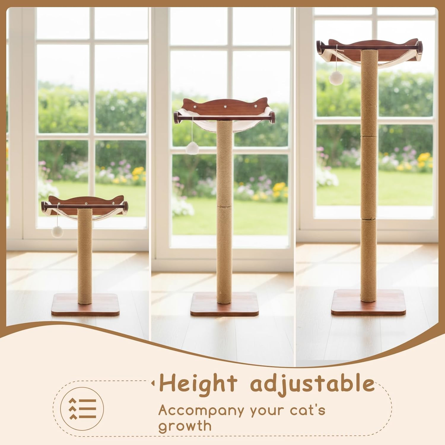 Sintuff Cat Window Perch with Scratching Post Climbing Tree Hammock Mounted with Suction Cups 46 Inch Tall Adjustable Narrow Cat Tree Climbing Pole for Playing Sleeping Watching Birds (Round) image number 3