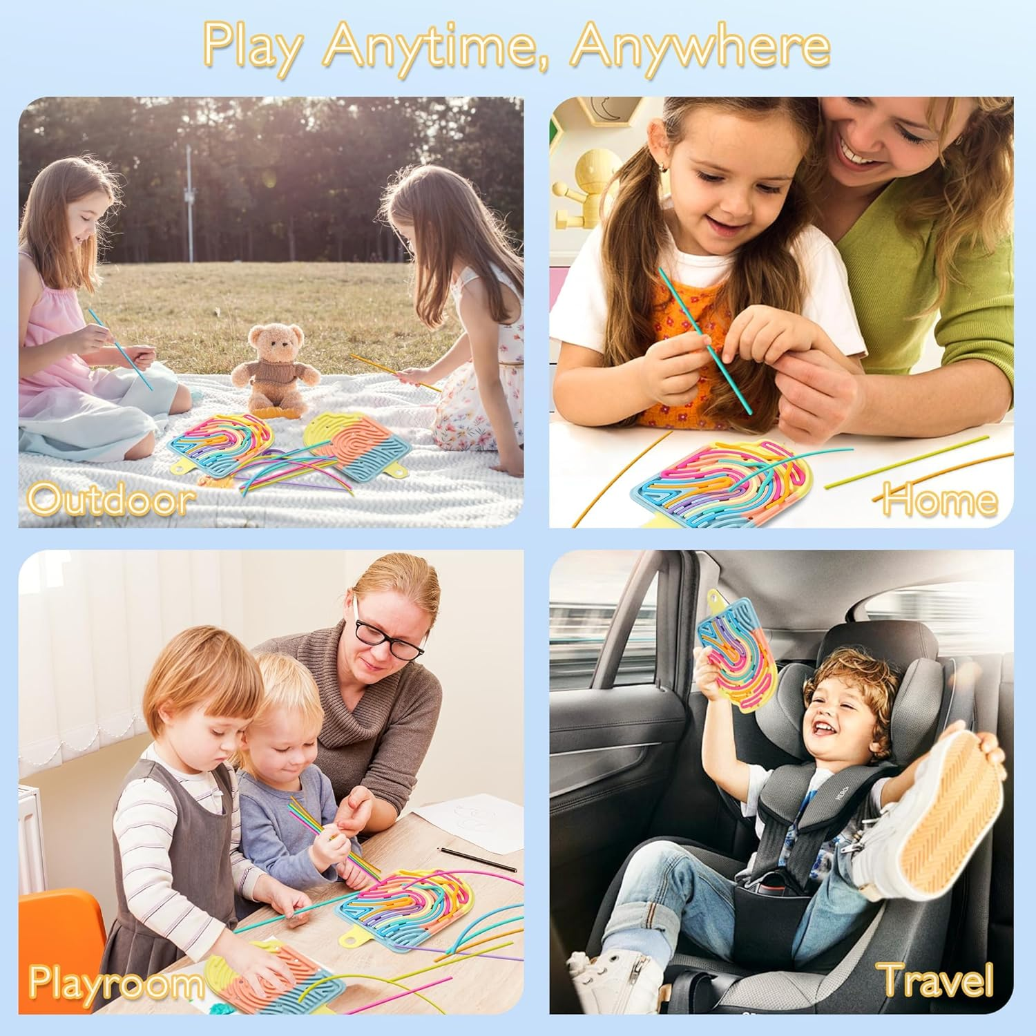 Silicone Sensory Activity Board, Double-Side Fidget Toy for Anxiety, Stress, ADHD, Autism and Calming, Silent, No Mess, Sensory Board with Portable Travel Bag & 12 Strings, Kids 3+ & Adults, Colorful image number 5