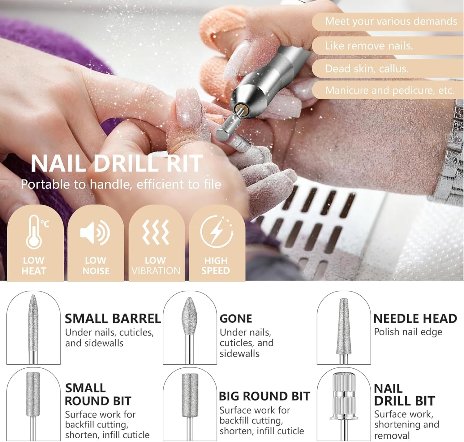 Yisis Professional Cordless Nail Drill, 55000RPM Electric Nail File with LCD Screen, Rechargeable Portable Efile Machine for Acrylic Gel Nails, Home Salon Manicure Pedicure Kit (Pink) - Pink image number 3