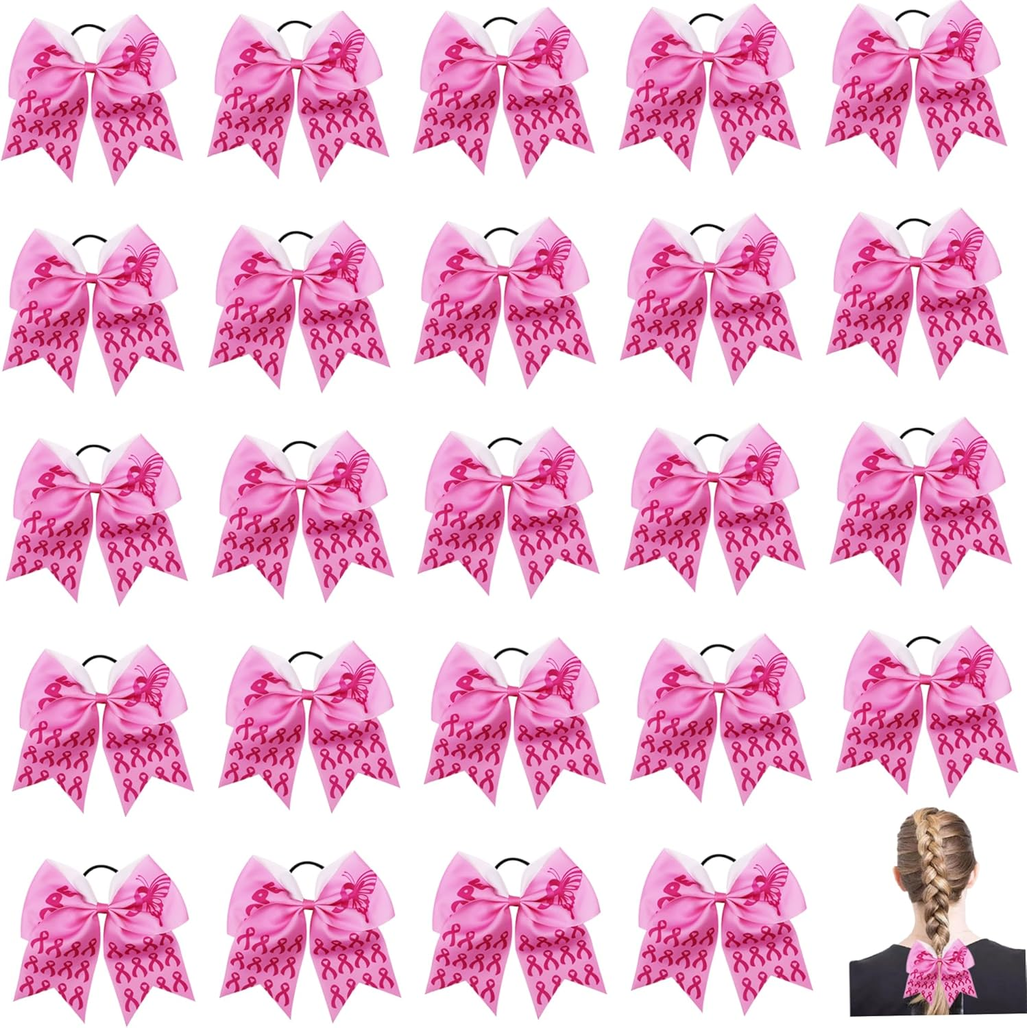 Cheer Bows, Breast Cancer Cheer Bows 24Pcs 8X7 Inch Breast Cancer Awareness Bows with Elastic Band Decorative Inspiring Cheer Bows for Women, Girls, Breast Cancer Awareness Bows