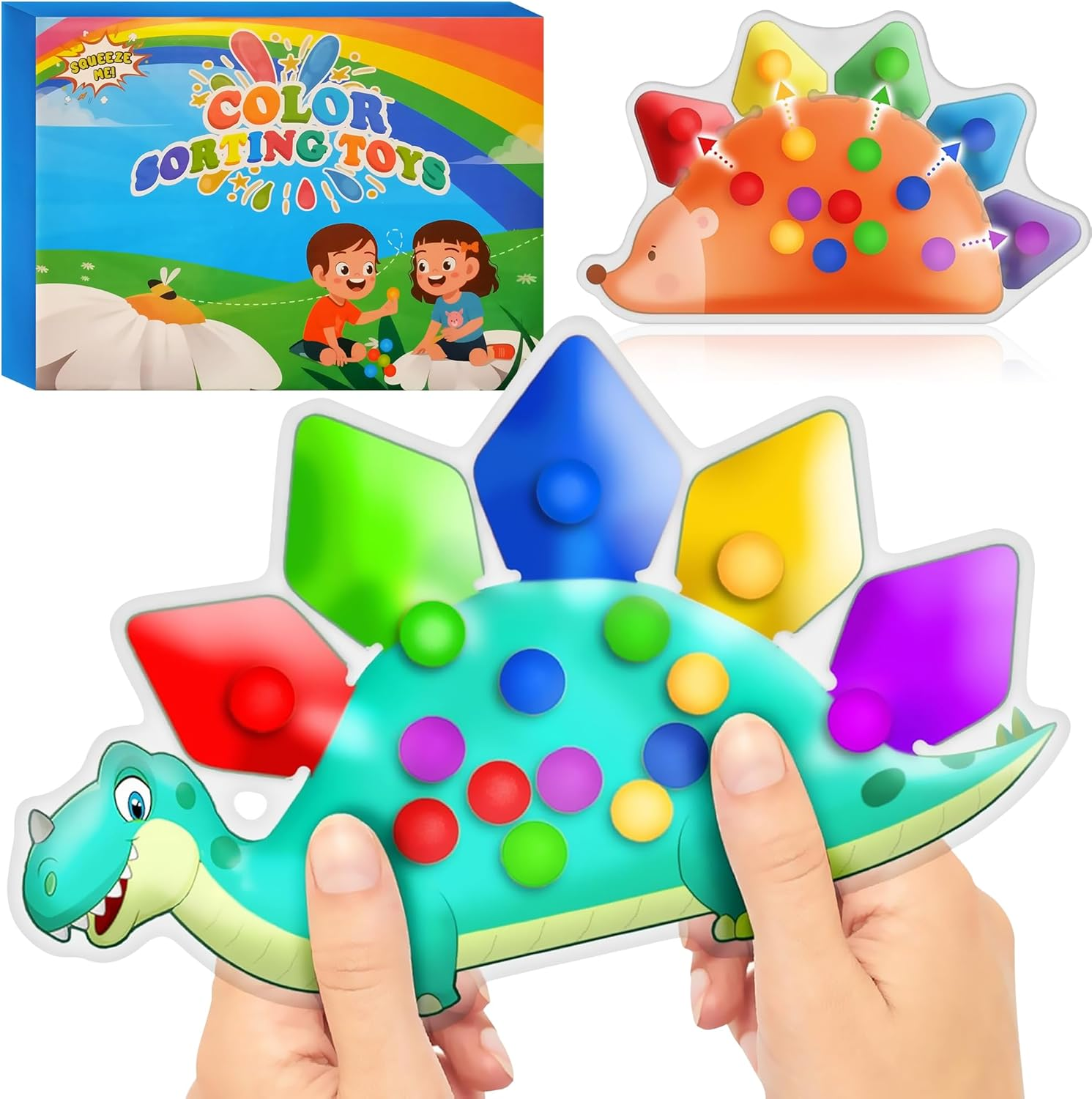 2Pcs Color Sorting Sensory Toy,Fine Motor Skill Games Learning Toys for Toddlers, Hedgehog Dinosaur Color Matching Preschool Activities Educational Calm down Fidget Squishy Sensory Toys for Kids Gifts image number 5
