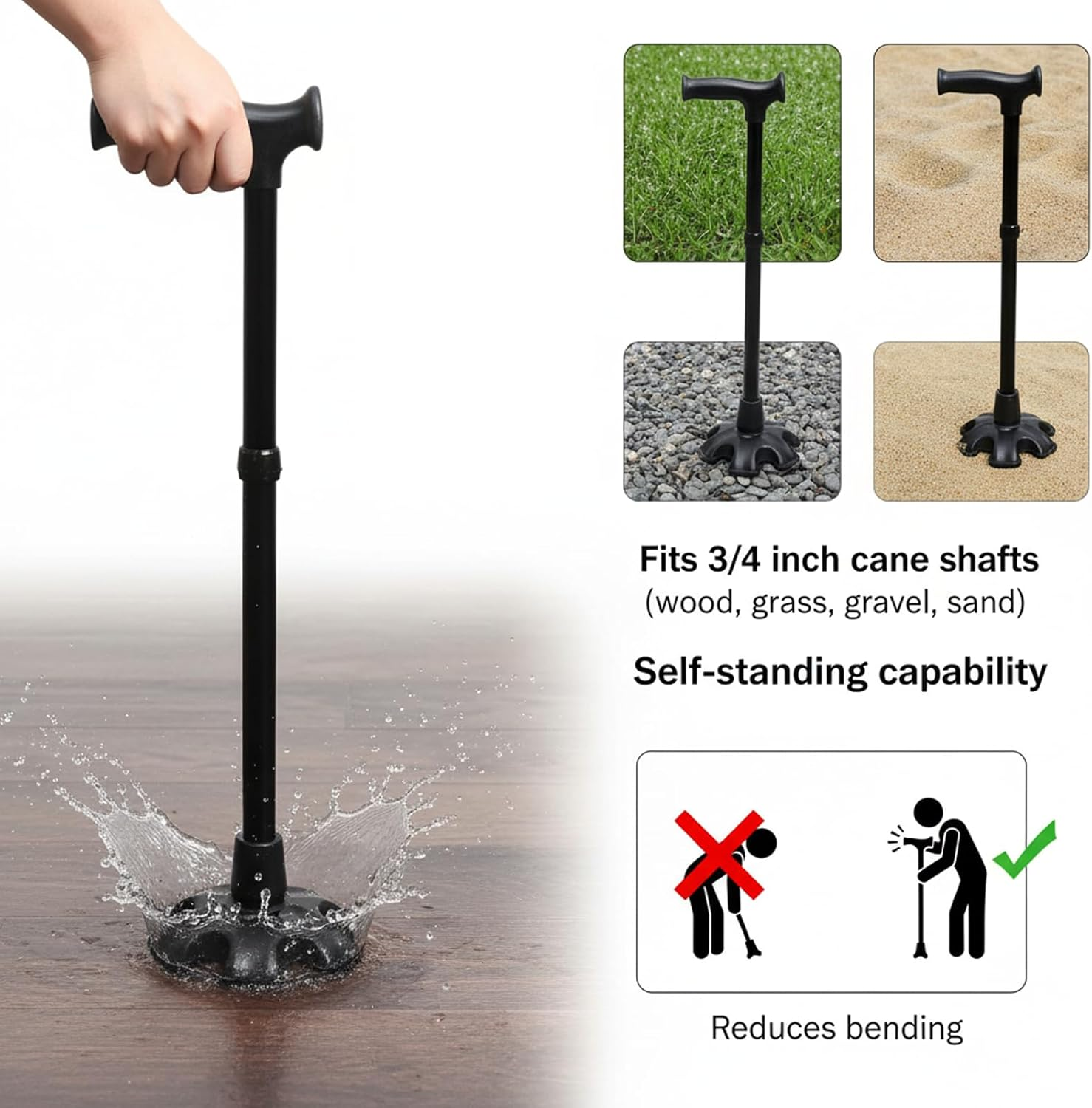 Self-Standing Cane Tip with 6 Anti-Slip Feet, Universal 3/4 Inch Replacement Base for Walking Canes, Reduces Wrist Fatigue and Prevents Falls image number 2