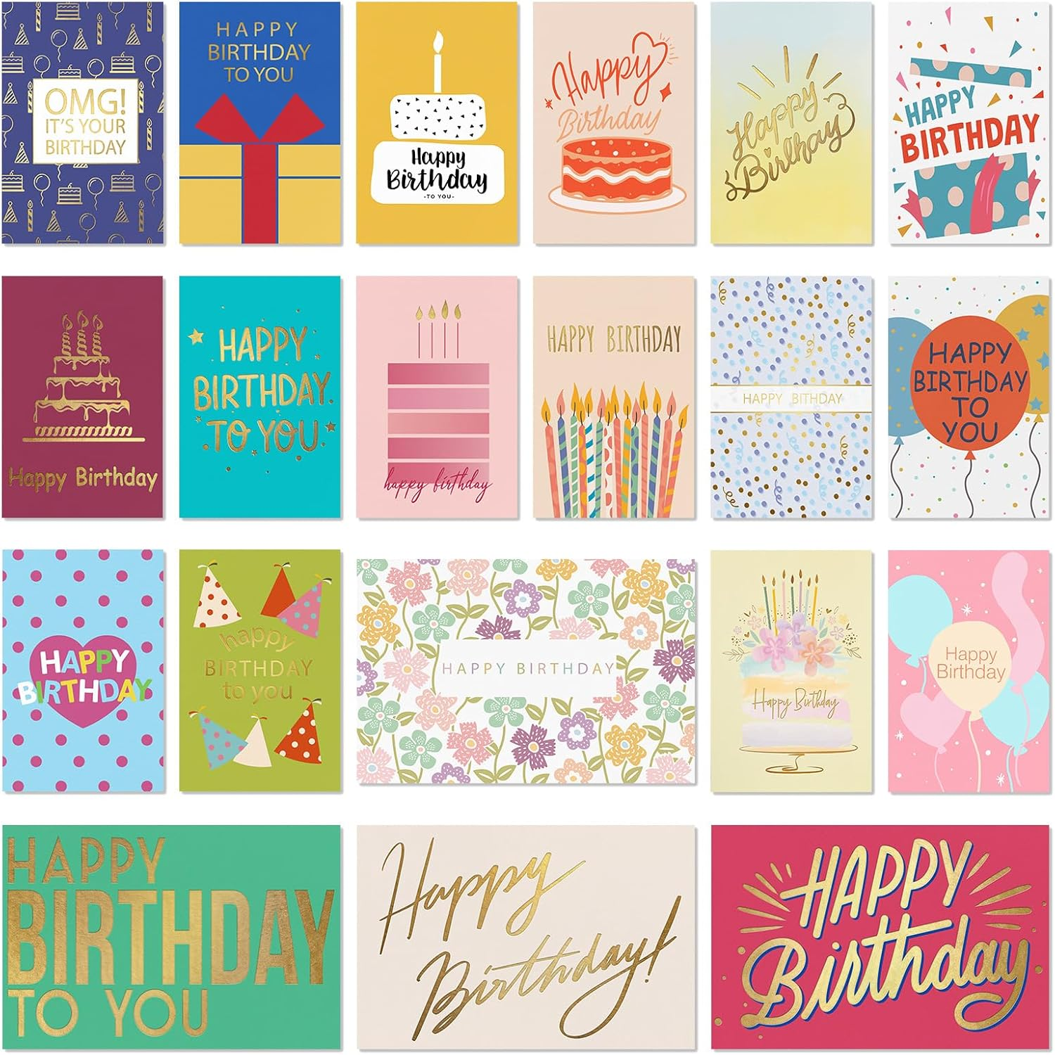 Uroboo Gold Foil Birthday Cards with Envelopes & Stickers, 20PCS Happy Birthday Cards Assortment in Bulk for Family, Kids, Friends, Work & Office Celebrations image number 4
