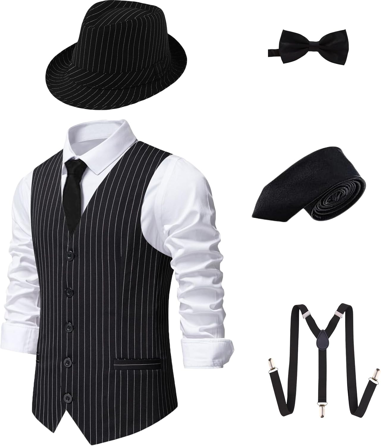 COSOUKE 1920S Gatsby Costume Men Accessories Set Funny Halloween Costumes with Vest Hat Necktie Bow Tie Suspenders