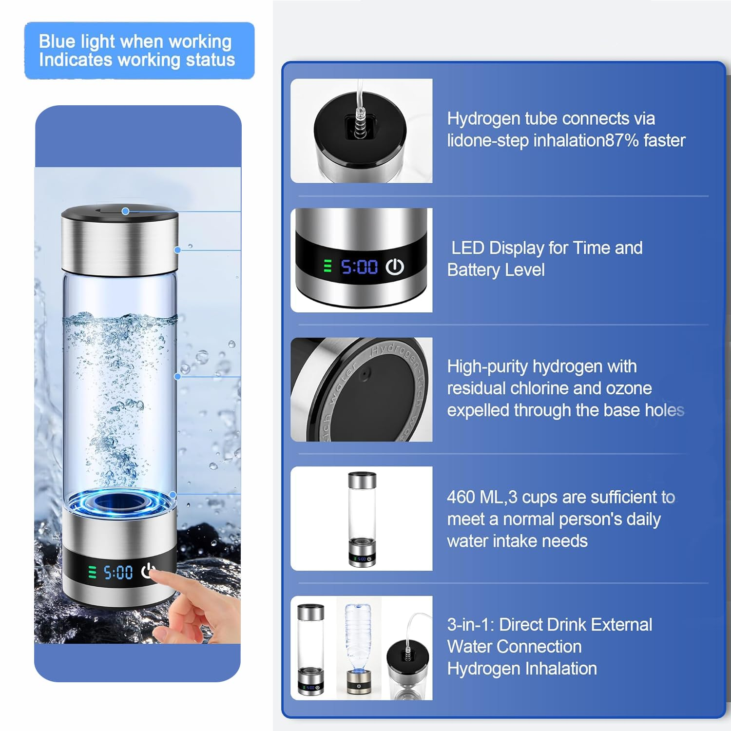 Glass Hydrogen Water Bottle, 16Oz/460Ml, 2500+ PPB, SPE/PEM Tech, LED Display, Type-C Rechargeable, Food-Grade, for Health & Daily Use image number 5