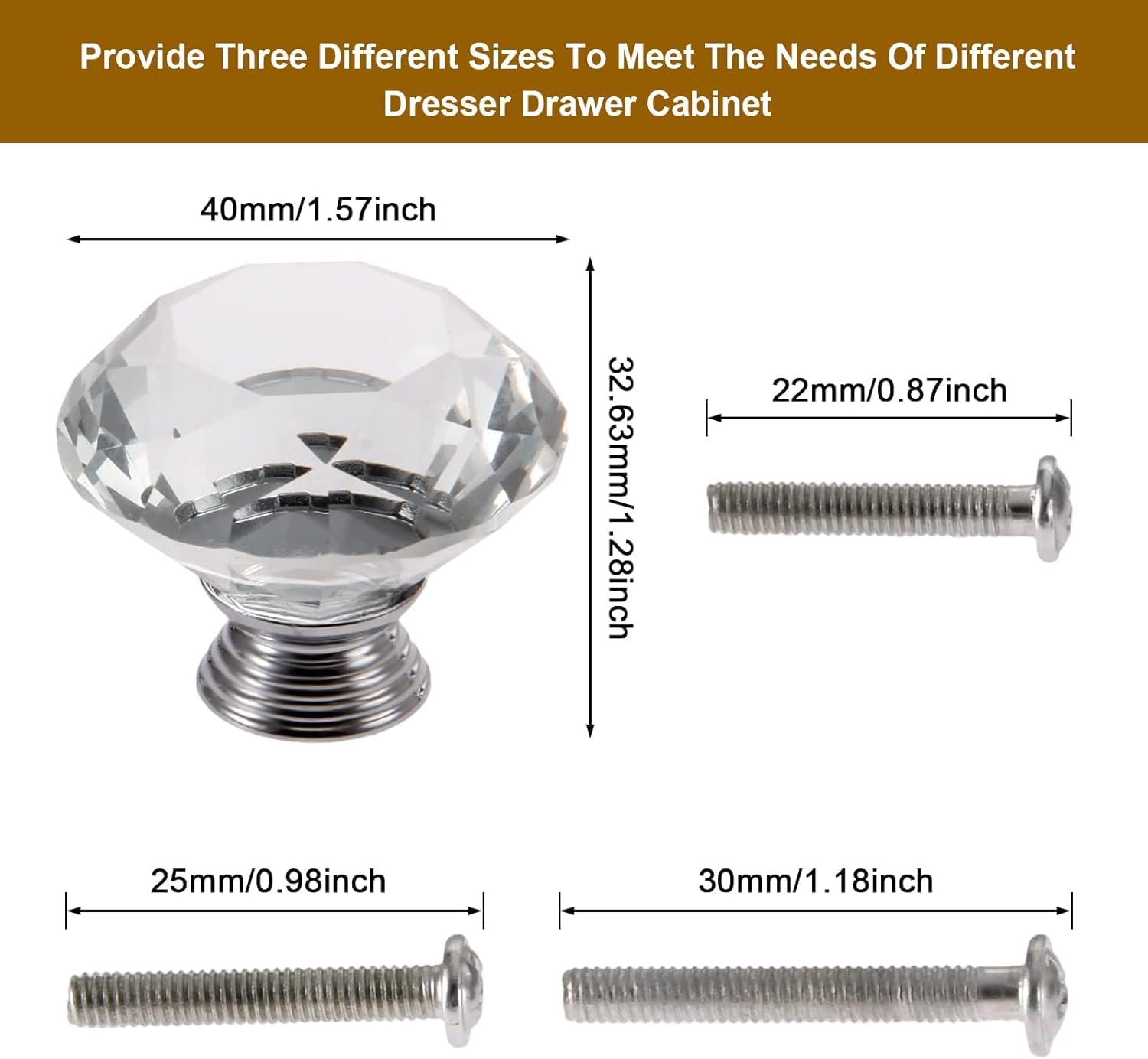Mtsooning 2Pcs 40Mm Diamond Crystal Glass Knob for Closet Cabinet Drawer Kitchen Dresser Cupboard Wardrobe,3 Size Screws,Clear image number 6