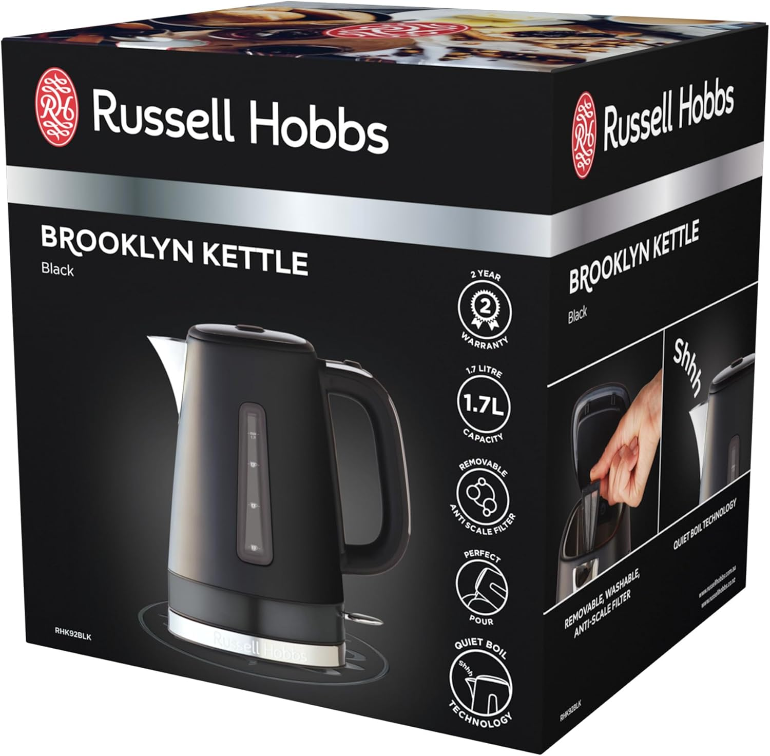 Russell Hobbs RHK92BLK, Brooklyn Kettle, 1.7L, Quiet Boil Technology, Blue Light Illumination, Swivel Base, Removable Anti-Scale Filter, Black - Black image number 2