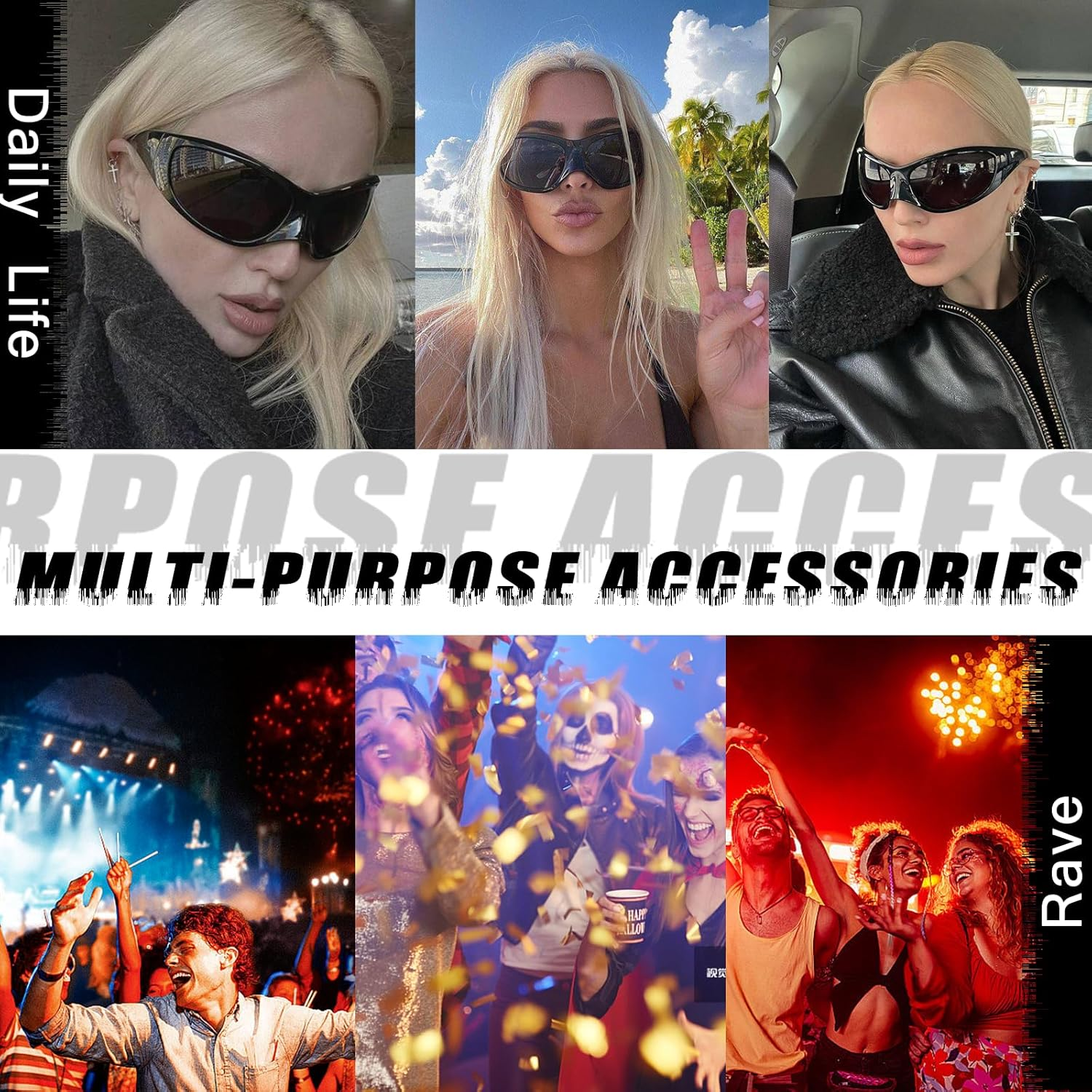 VIA LEECA Fashion Oversized Futuristic Sunglasses for Women Men, Y2K Wrap around Alien Style Accessories for Party image number 2