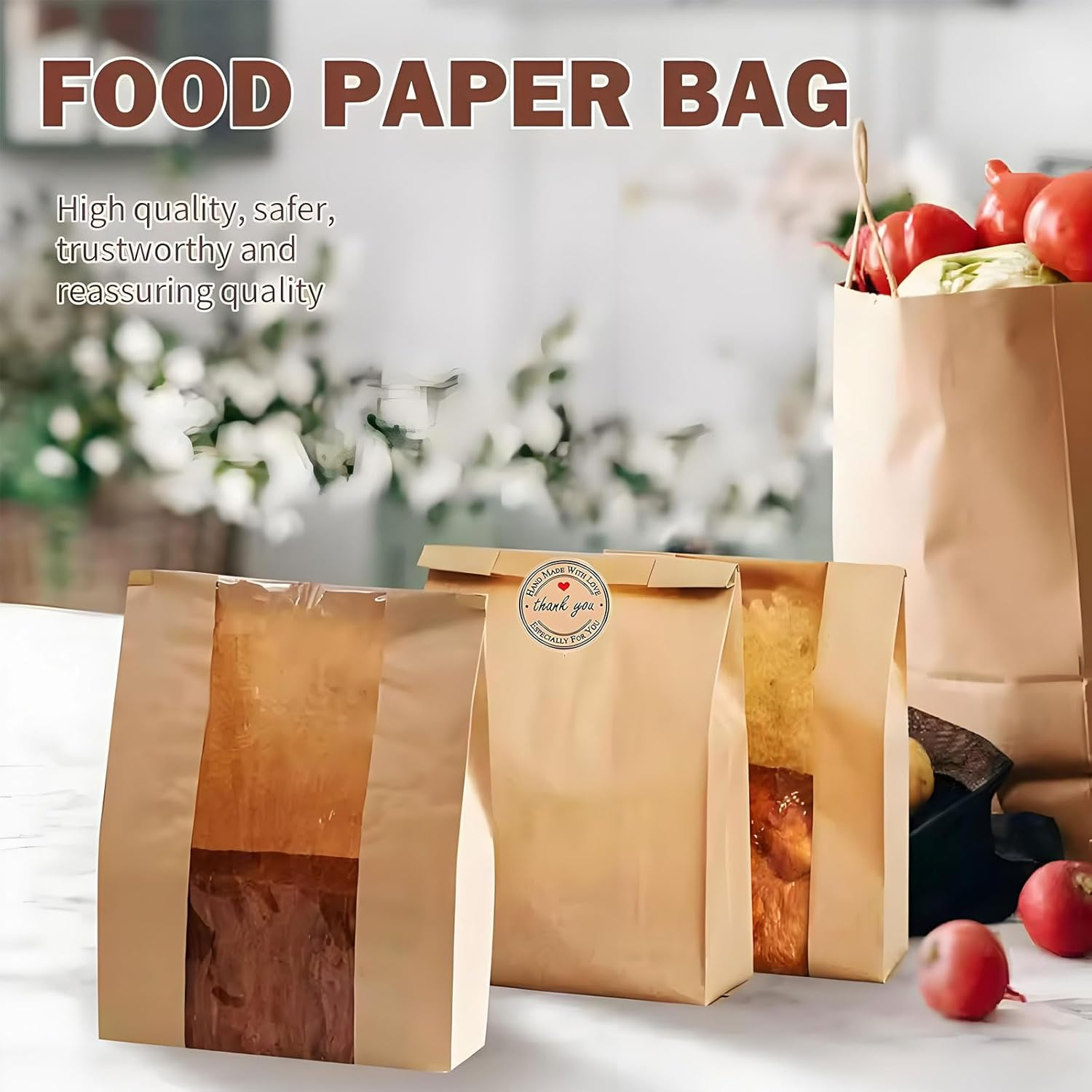 MYTOAU 50Pcs 13.7 X 8.3 X 3.5 Inch Large Paper Bread Bags for Homemade Bread,Sourdough Bag with Clear Window,Brown Kraft Bakery Bags,Kraft Toast Bags with Seal Stickers for Bakery,Treat Packaging image number 3