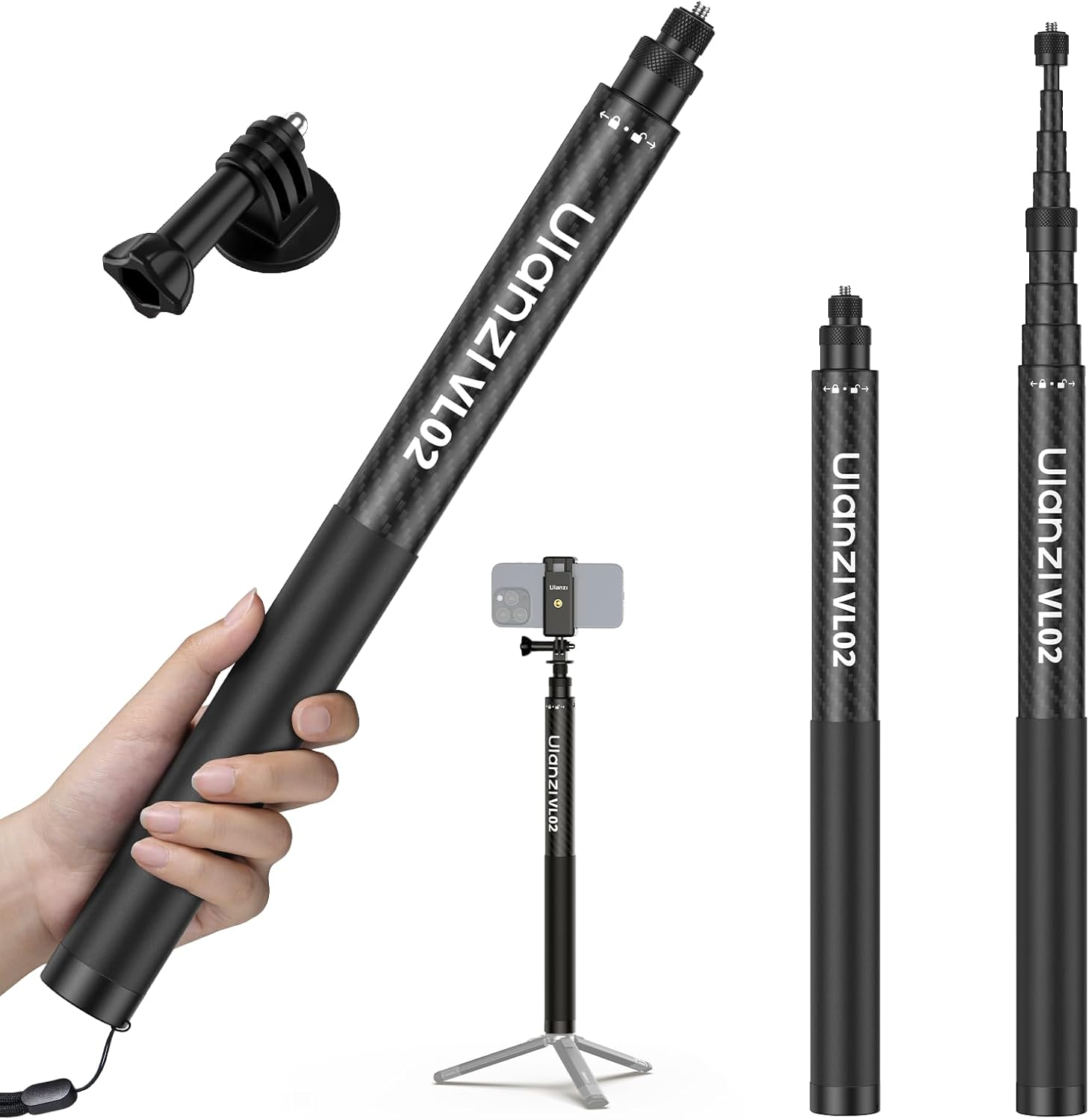 ULANZI VL02 2.7M Carbon Fiber Extended Invisible Selfie Stick, Compatible with Insta360 X5/X4/X3/Ace Pro/Go 3S/ONE X2/DJI Osmo 360, Extension Pole Waterproof Handle Grip for Gopro, Phone and More image number 4