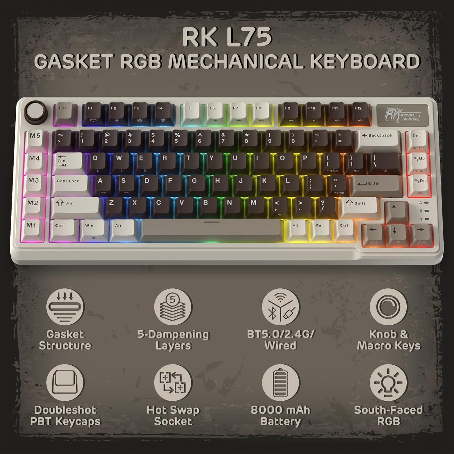 RK ROYAL KLUDGE L75 Gasket Mount Mechanical Keyboard W/Knob/Macro Keys & Touchable Nameplate, Tri-Mode BT/2.4G/USB-C 75% TKL Wireless Keyboard, Hot Swappable, Pro Software, Massive 8000Mah Battery image number 3