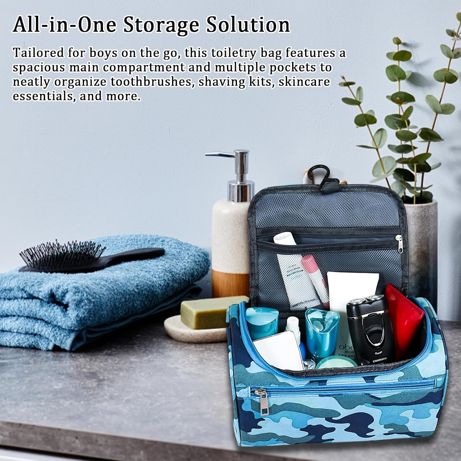 Boys Wash Bag with Camouflage Design &ndash; Boys Toiletry Bag for Travel and Sports, Durable & Waterproof Kids Wash Bag with Handle and Zipper for School, Gym or Holidays image number 5