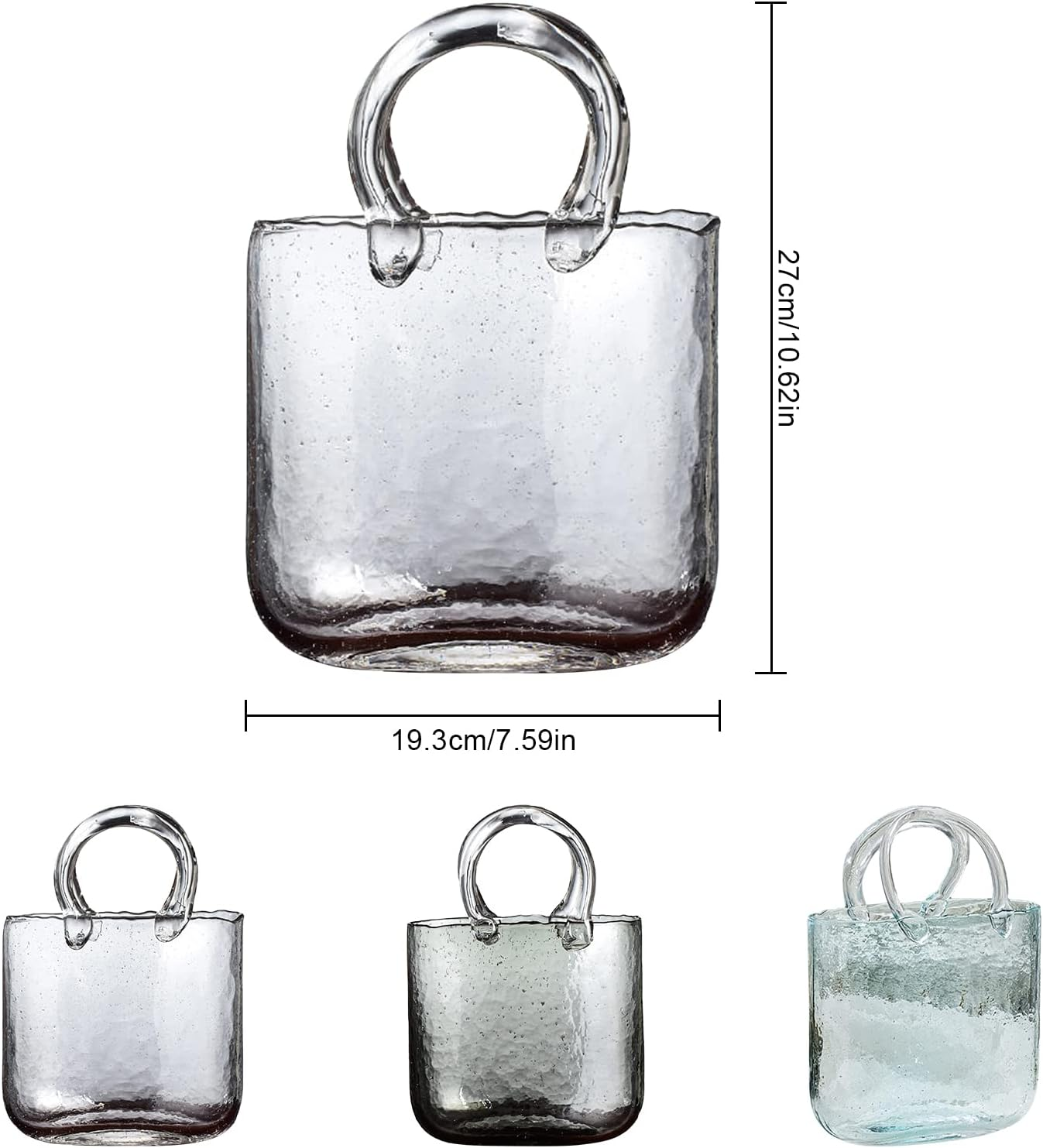 IUIBMI Glass Bag Vase for Flowers, Hand Blown Clear Purse Vase with Bubbles in It, Clear Glass Vase with Handles, Handbag Shape Flower Vase, Unique Fish Tank for Home Wedding D&eacute;cor (Clear)