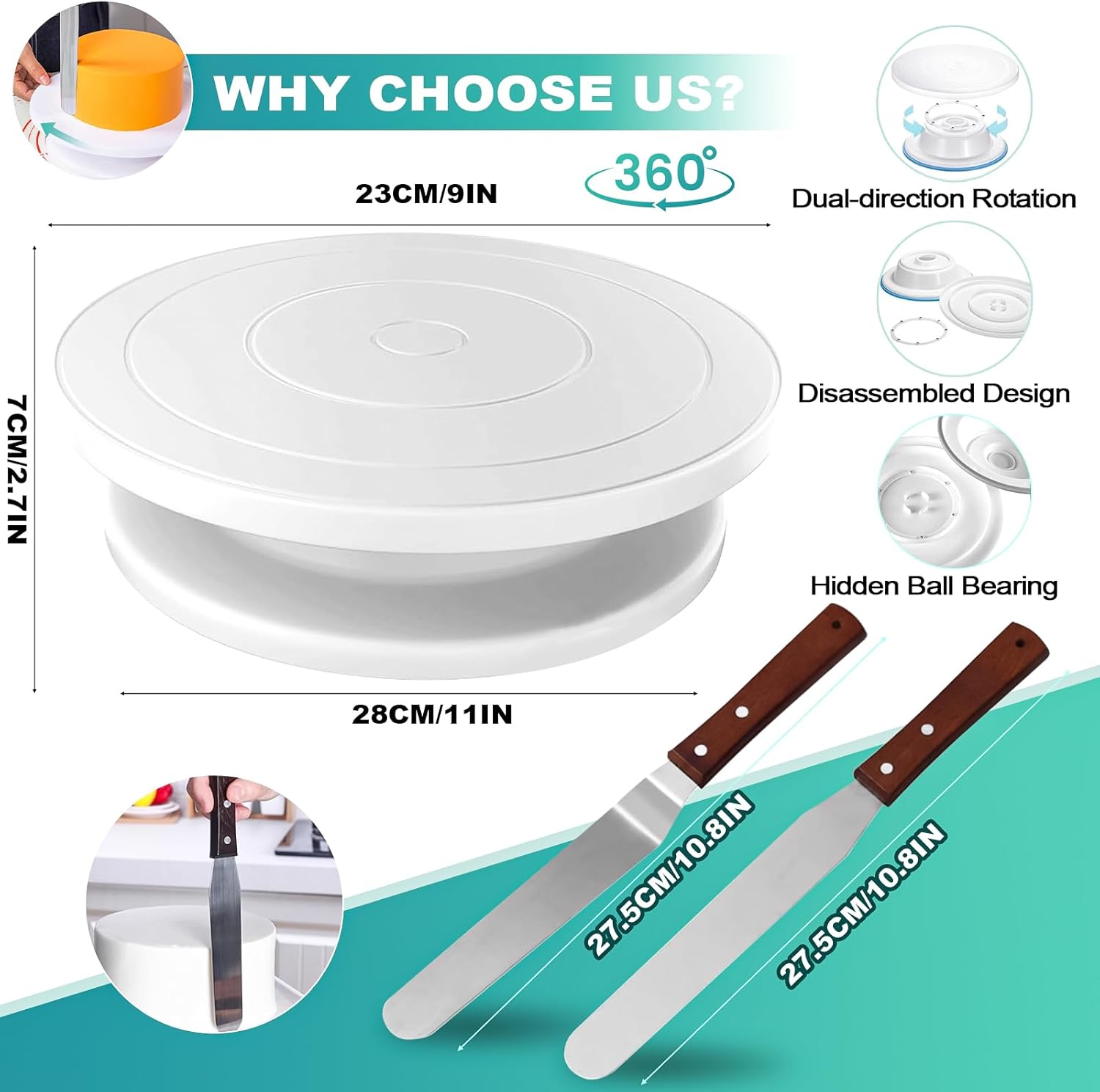 Cake Decorating Kit - 11-Inch Rotating Cake Turntable, 28 Piping Tips, 2 Icing Spatulas & 3 Scrapers, 20 Piping Bags and Other Cake Decorations, 62Piece Complete Set for Beginners image number 3