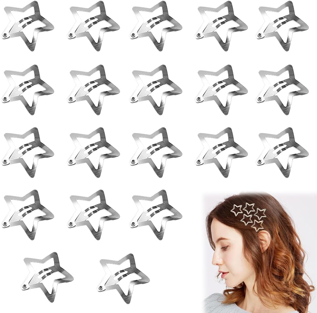 GHPKOTW 20 Pieces Metal Star Hair Clips with Snap Closure Silver Cute Small Hair Clips Hollowed Star Hairpin Kids Women image number 3