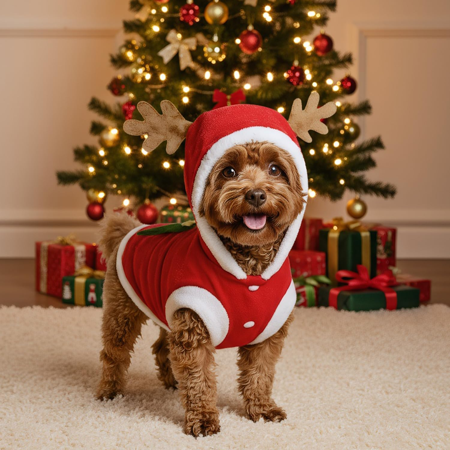 RUGBOL Dog & Cat Christmas Outfit, Cute Elk Pattern with Christmas Tree for Small, Medium & Large Dogs & Cats, New Year Party (M) image number 2