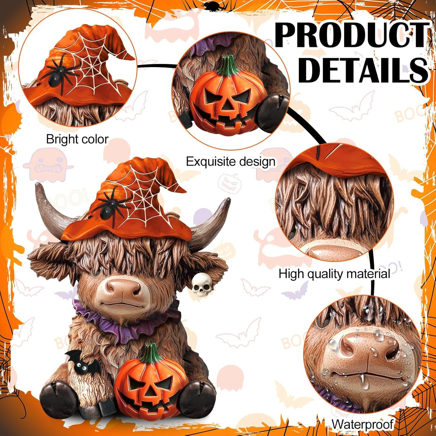 Highland Cow Halloween Decor - Unique Figurine with Pumpkin, Skull & Spider, Ideal for Indoor Home Garden Kitchen Office Table image number 2