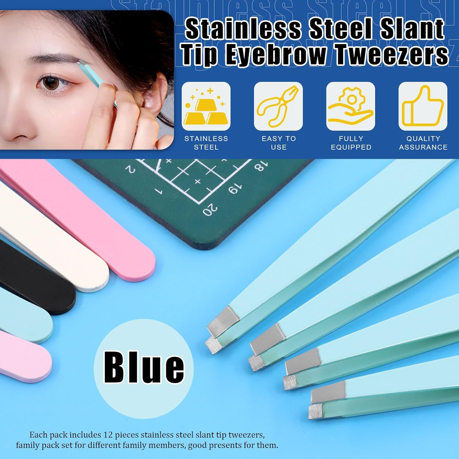 Glarks 12Pcs Blue Eyebrow Tweezers Stainless Steel Slanted Tip Tweezers Professional Facial Hair Eyebrow Precision Tweezers for Men and Women