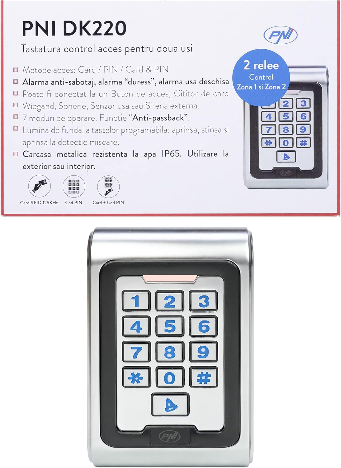 PNI DK220 Standalone Outdoor & Indoor IP65 Access Control Keyboard with 2 Relays, Silver image number 1