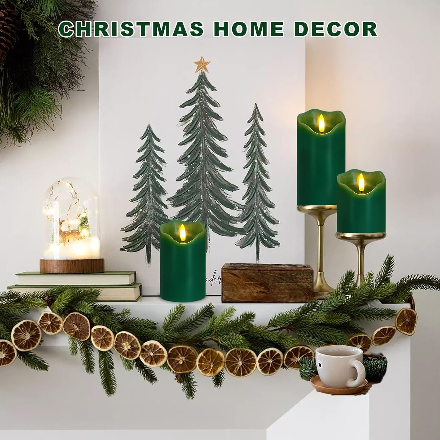 Flameless Candles Lights, Set of 3 Orange Flickering LED Candles with Remote & Timer, Dimmable LED Pillar Candles Battery Operated, Electric Candles for Fall Halloween Thanksgiving Decor (Green) image number 5