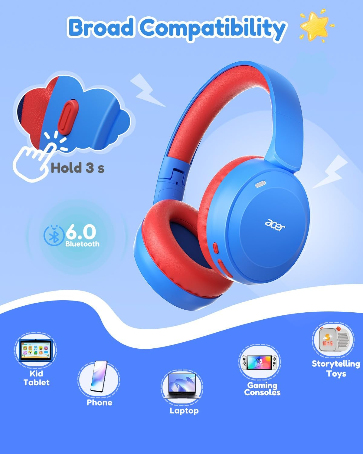 Acer OHR668 Kids Bluetooth Headphones - Blue Red image number 2