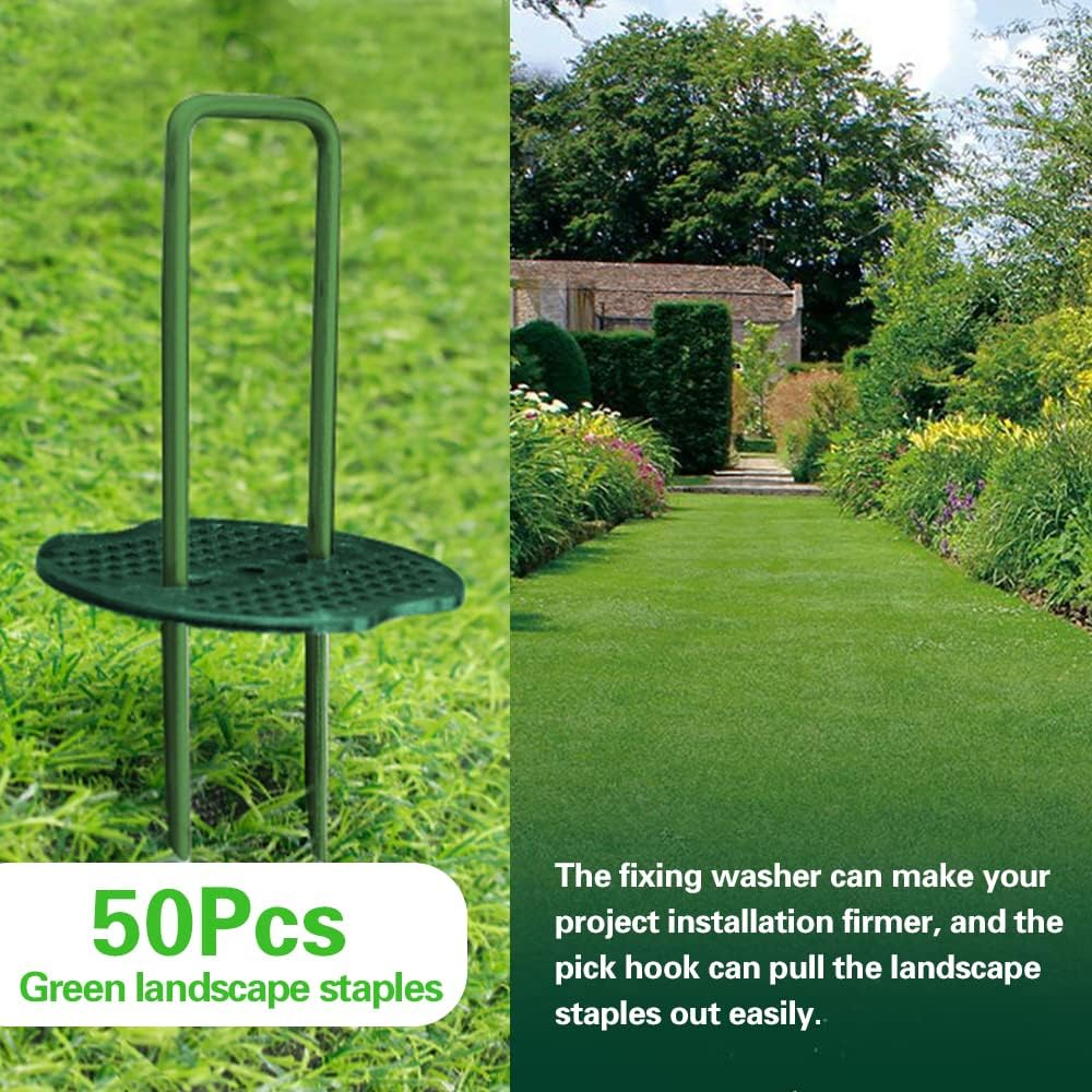 Bakulyor 50Pcs Green Artificial Turf Stakes Staples + 50Pcs Buffer Washer, 6 Inch 11 Gauge Landscape Staples, Galvanized Lawn Spikes, Heavy Duty Yard Ground Pin for Grass Weed Barrier Sod Fabric image number 2