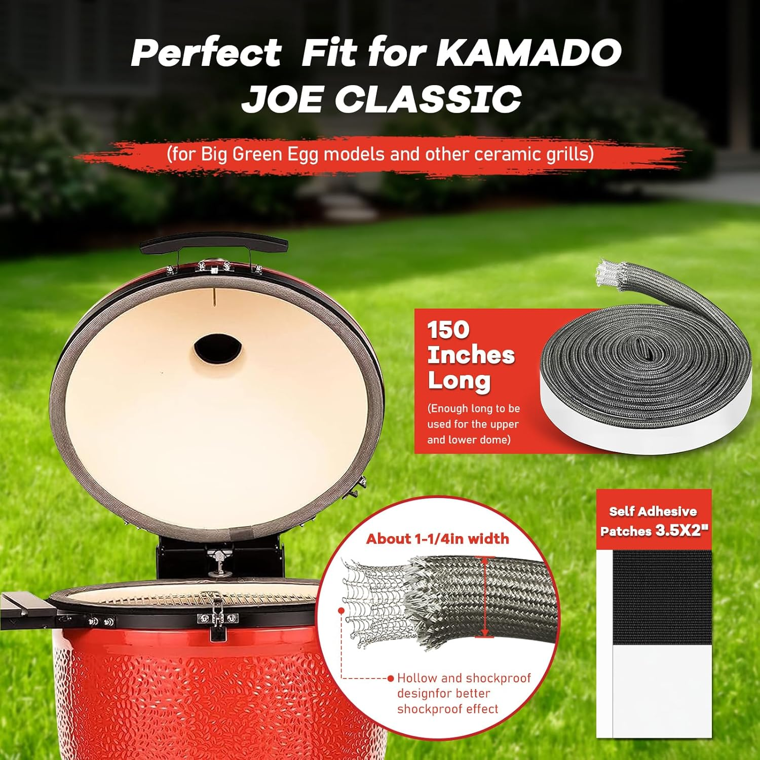 Wire Mesh Gasket Kit Fit for Kamado Joe Grill Classic High Temp Fiberglass Gasket Replacement BBQ Smoker Seal Accessories Self Stick Felt 150 in Long image number 2